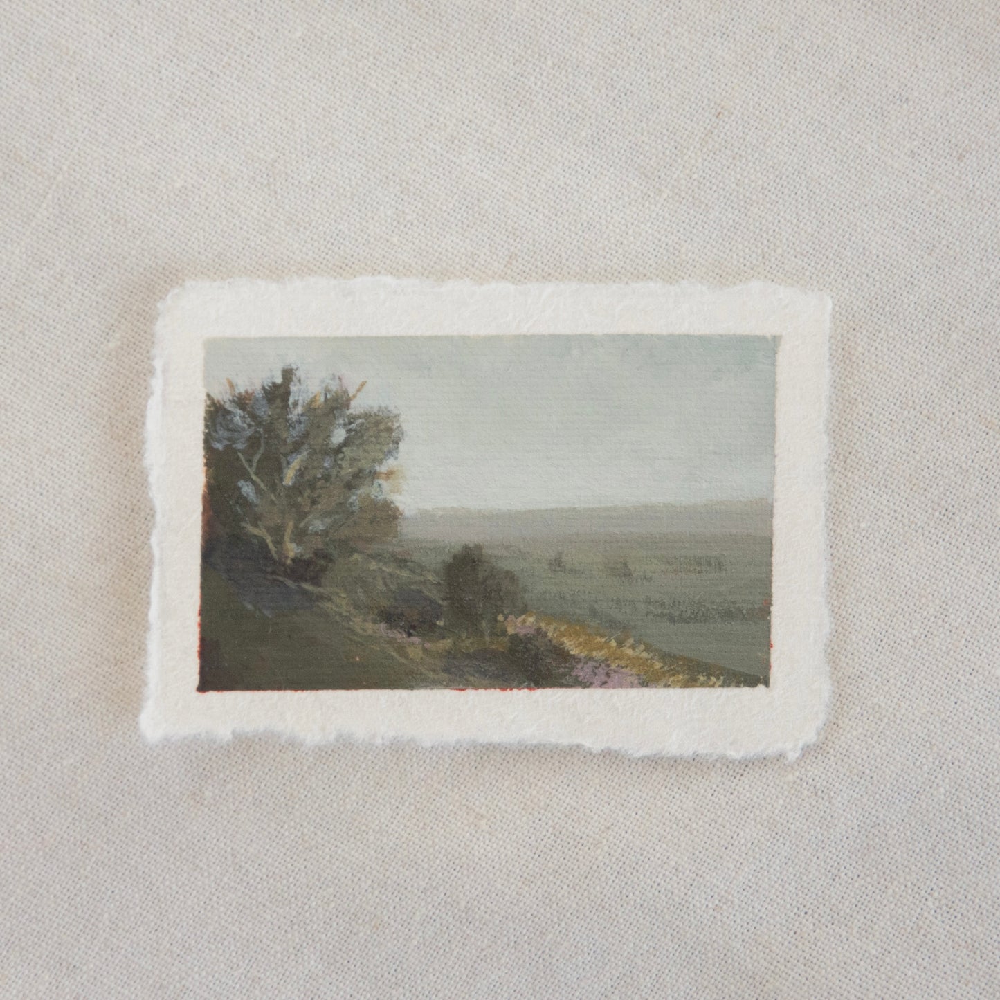 Tree on a hillside miniature acrylic painting from in chaparral in Pinnacles National Park by Laura Van Moorleghem