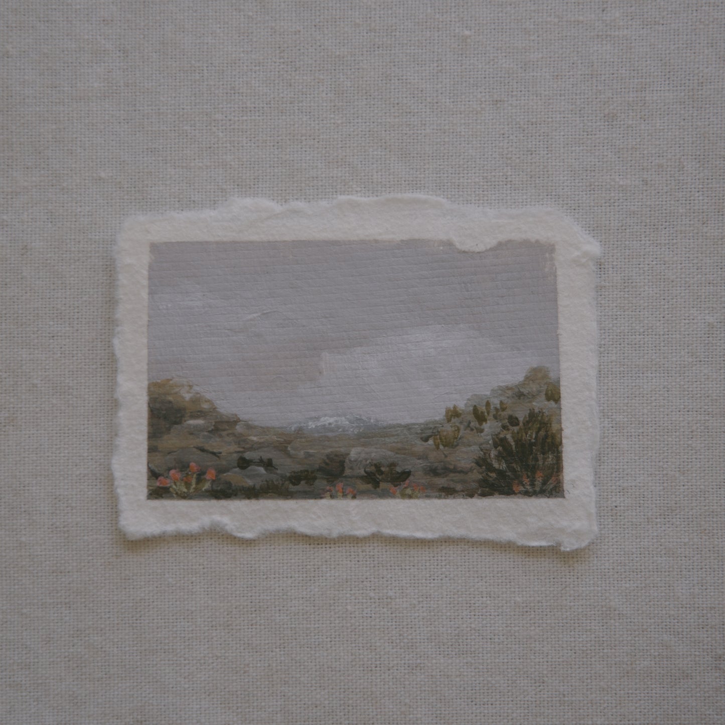 Joshua Tree overlook of mountains, granite boulders, and plants miniature acrylic painting from cholla cactus garden in Joshua Tree National Park by Laura Van Moorleghem