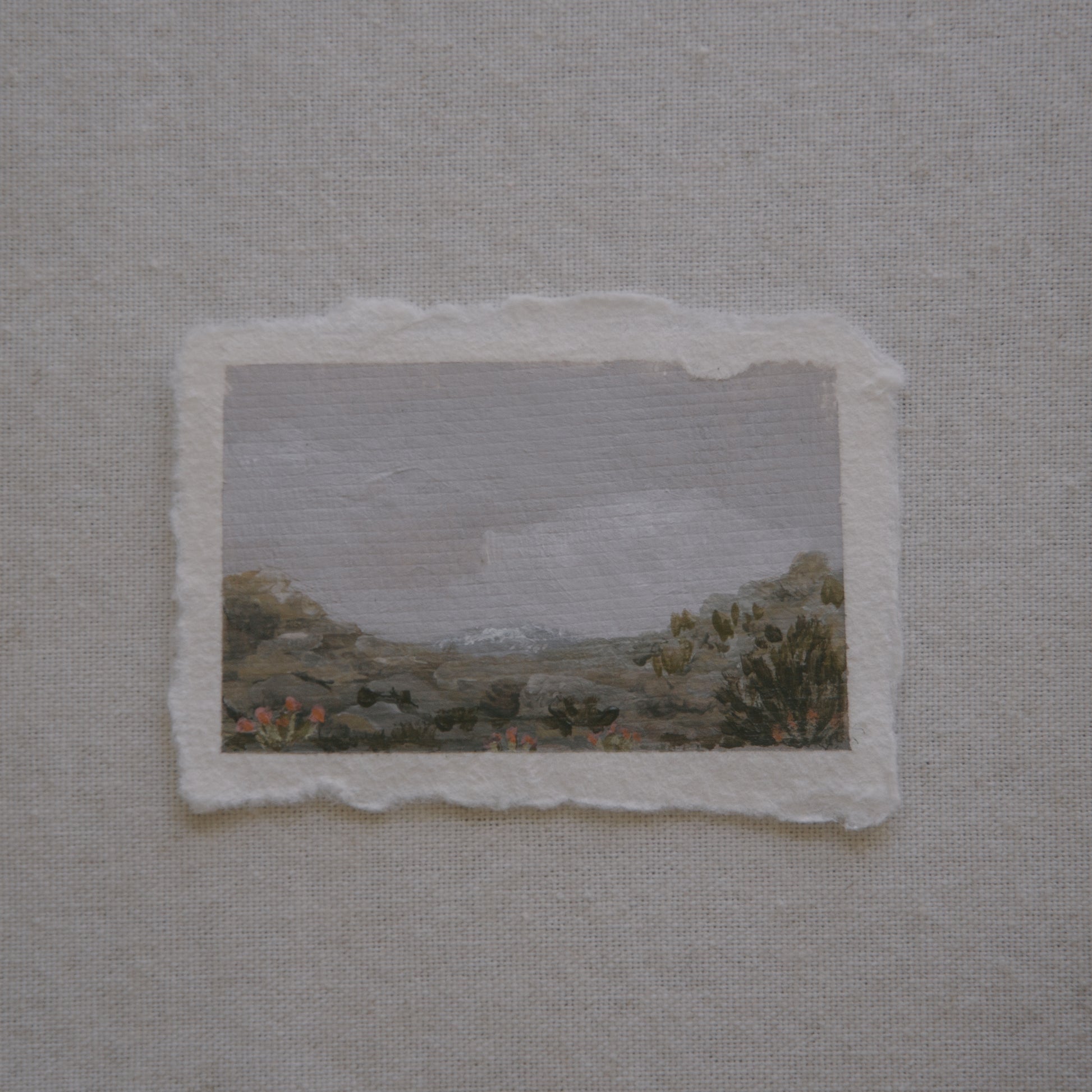 Joshua Tree overlook of mountains, granite boulders, and plants miniature acrylic painting from cholla cactus garden in Joshua Tree National Park by Laura Van Moorleghem