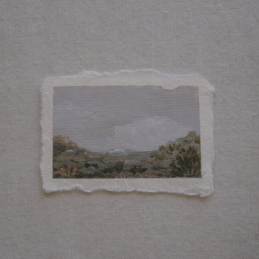Joshua Tree overlook of mountains, granite boulders, and plants miniature acrylic painting from cholla cactus garden in Joshua Tree National Park by Laura Van Moorleghem