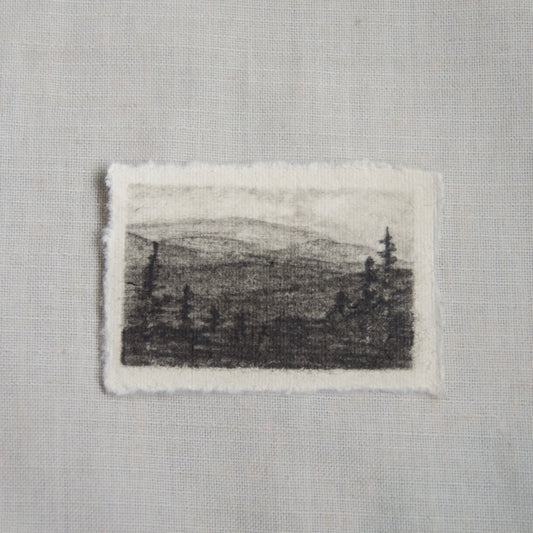 A charcoal sketch of Clingman's Dome view in Great Smoky Mountains National Park, with visible texture by artist Laura Van Moorleghem