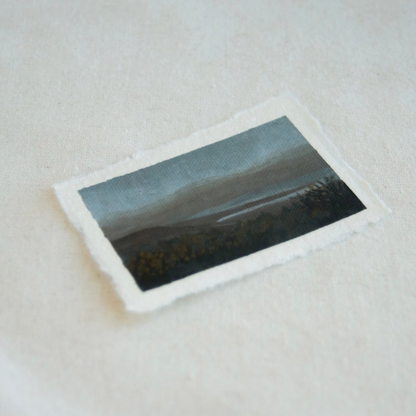 Side profile of lake and mountain overlook at Point Reyes National Seashore painting on deckled edge 100% cotton rag paper