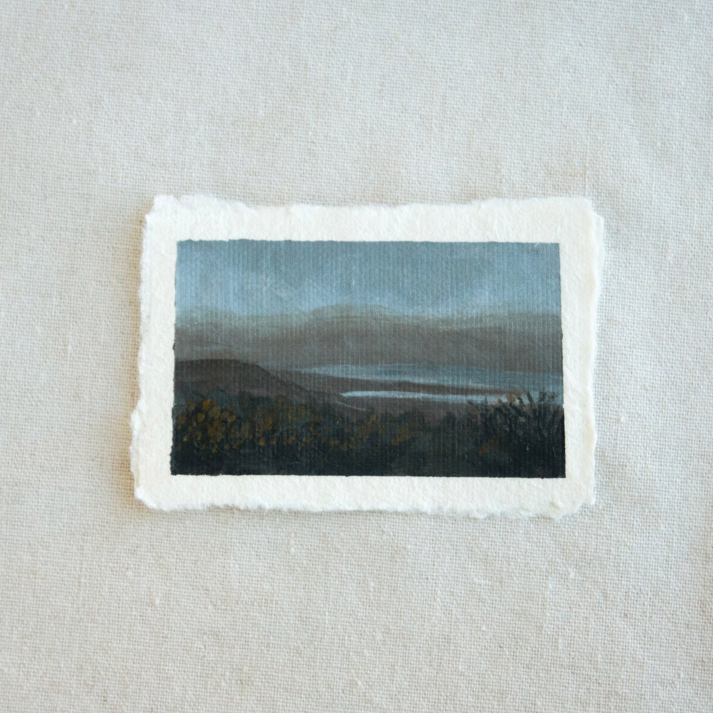 Point reyes mountainscape with reflective water in moonlight miniature acrylic painting from Point Reyes National Seashore by Laura Van Moorleghem