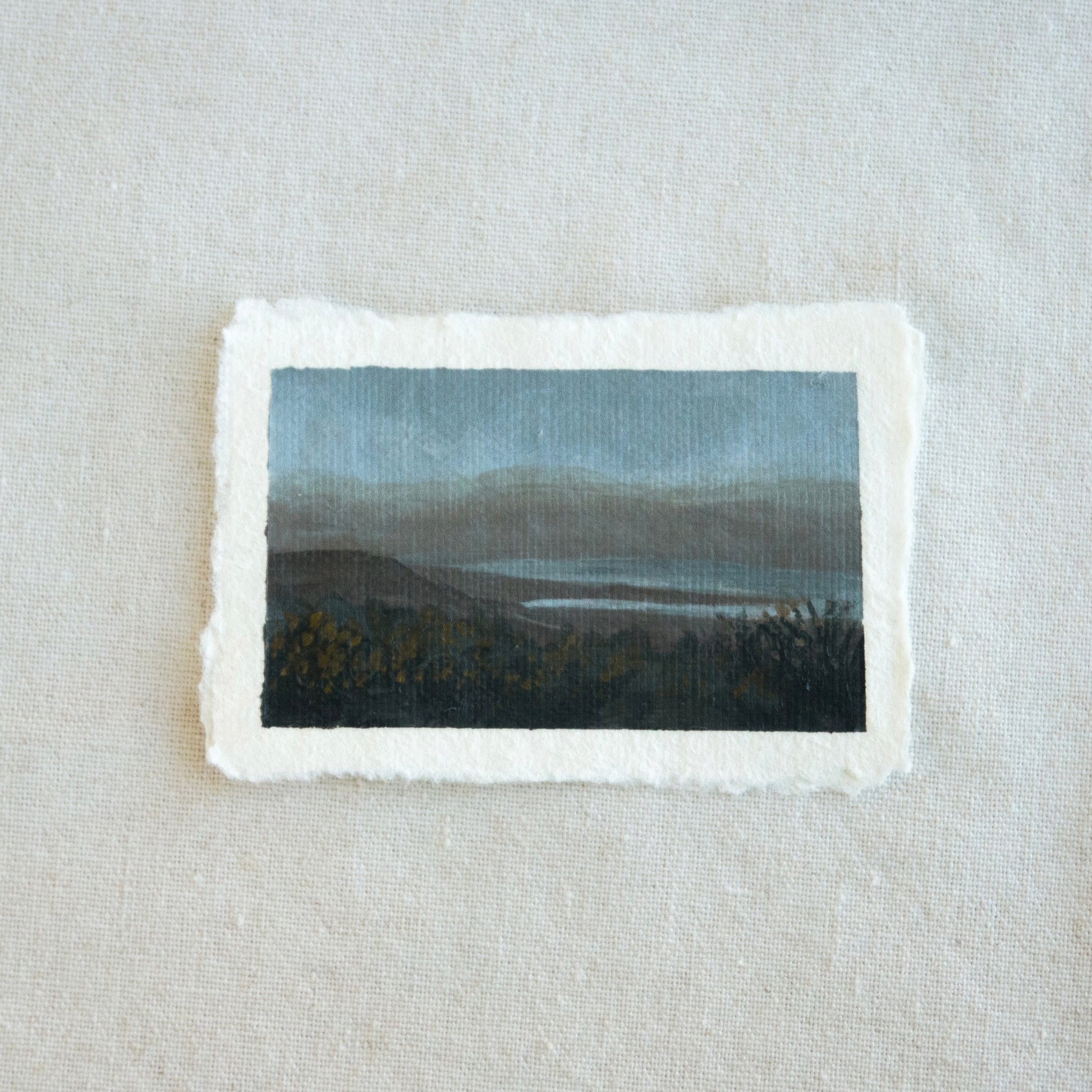 Point reyes mountainscape with reflective water in moonlight miniature acrylic painting from Point Reyes National Seashore by Laura Van Moorleghem