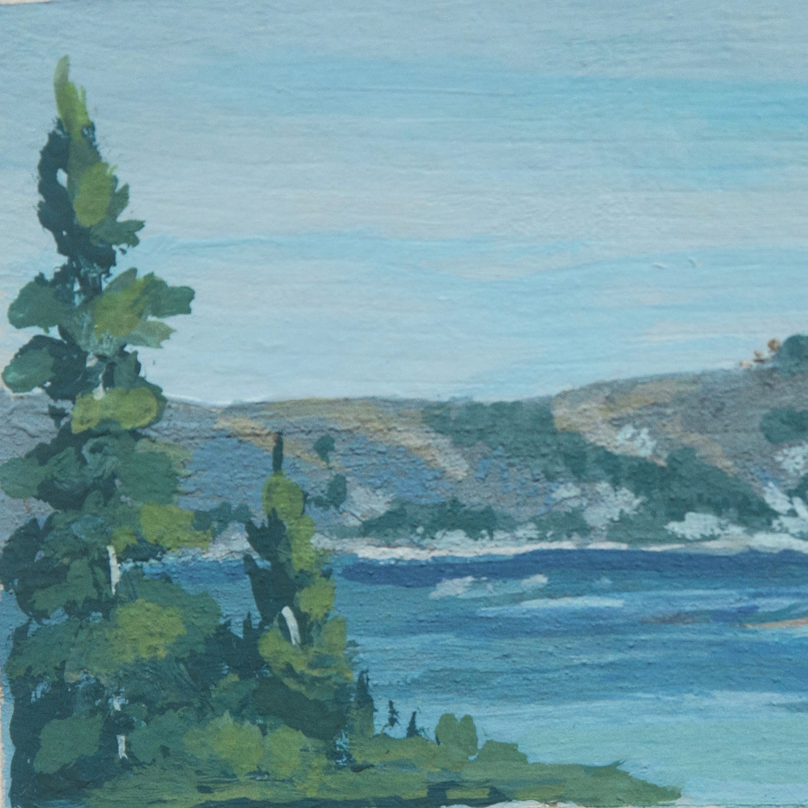Close-up detail of plein air brushstrokes and pine tree textures in Crater Lake National Park art
