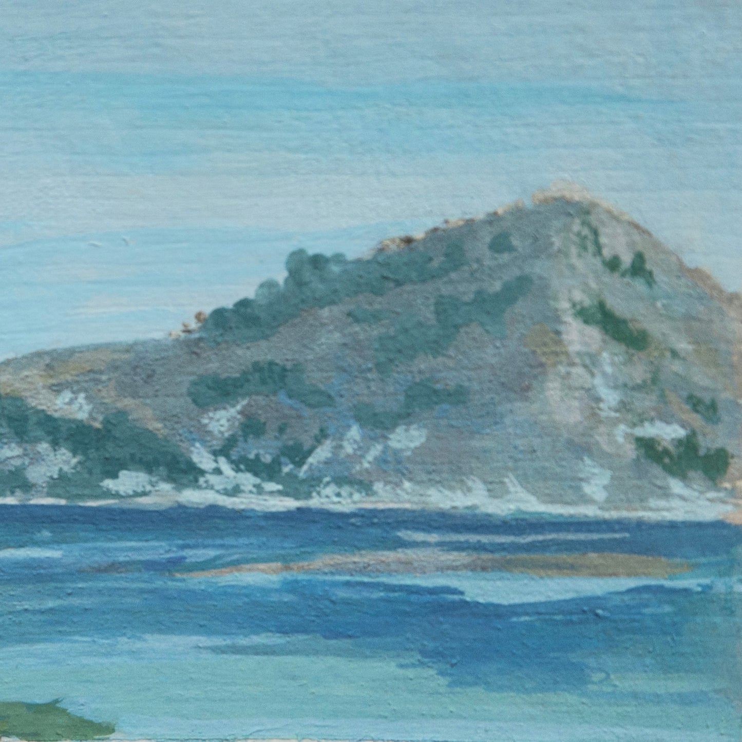 Close-up detail of plein air brushstrokes and snowy mountain and blue lake textures in Crater Lake National Park art