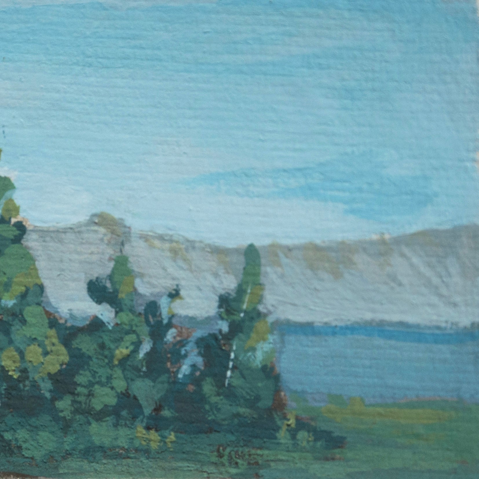 Close-up detail of plein air brushstrokes and mountain, lake, and tree textures in Crater Lake National Park art