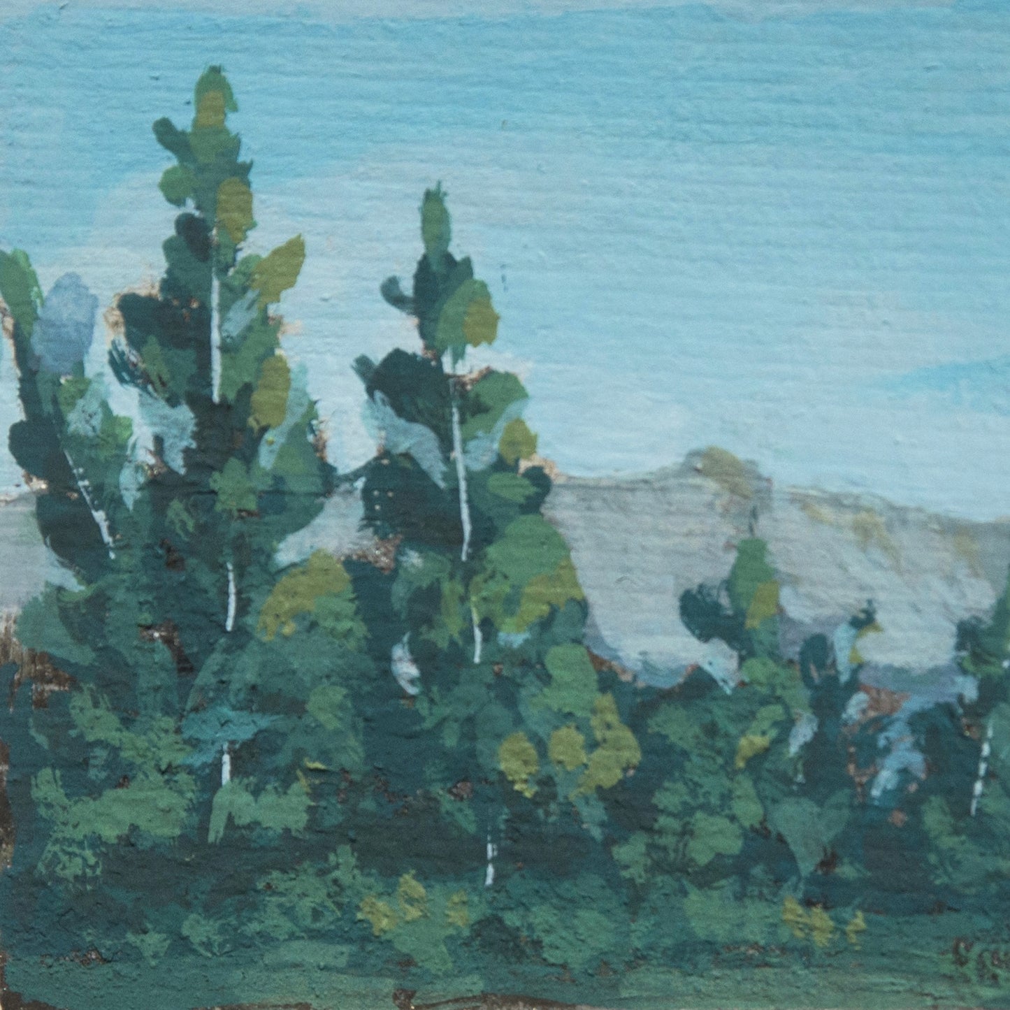 Close-up detail of a plein air painting of bright pine tree  textures in Crater Lake National Park art