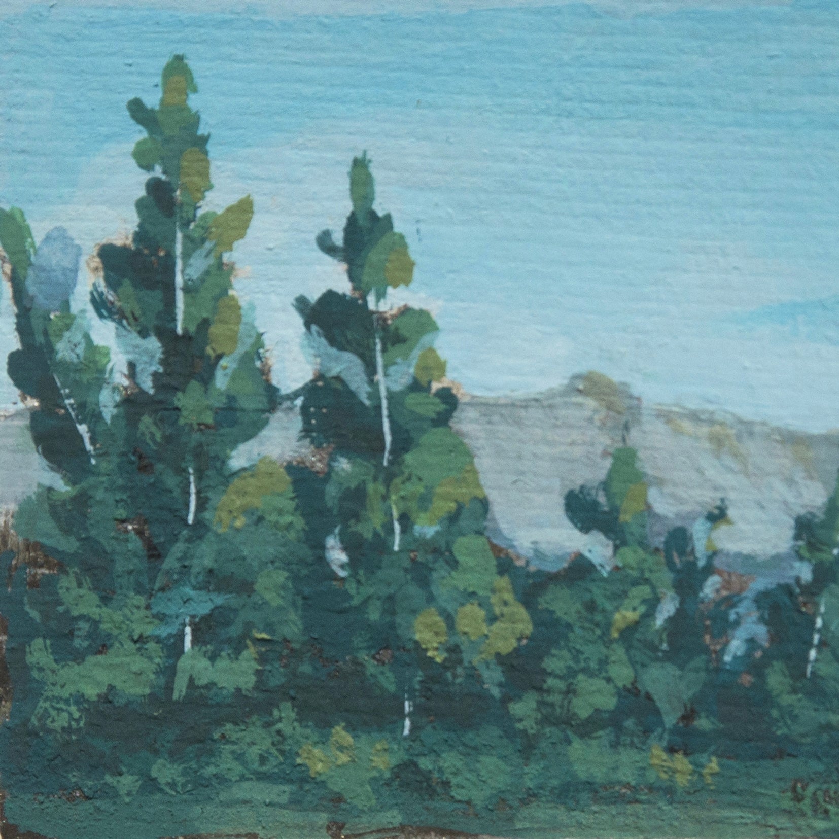 Close-up detail of a plein air painting of bright pine tree  textures in Crater Lake National Park art
