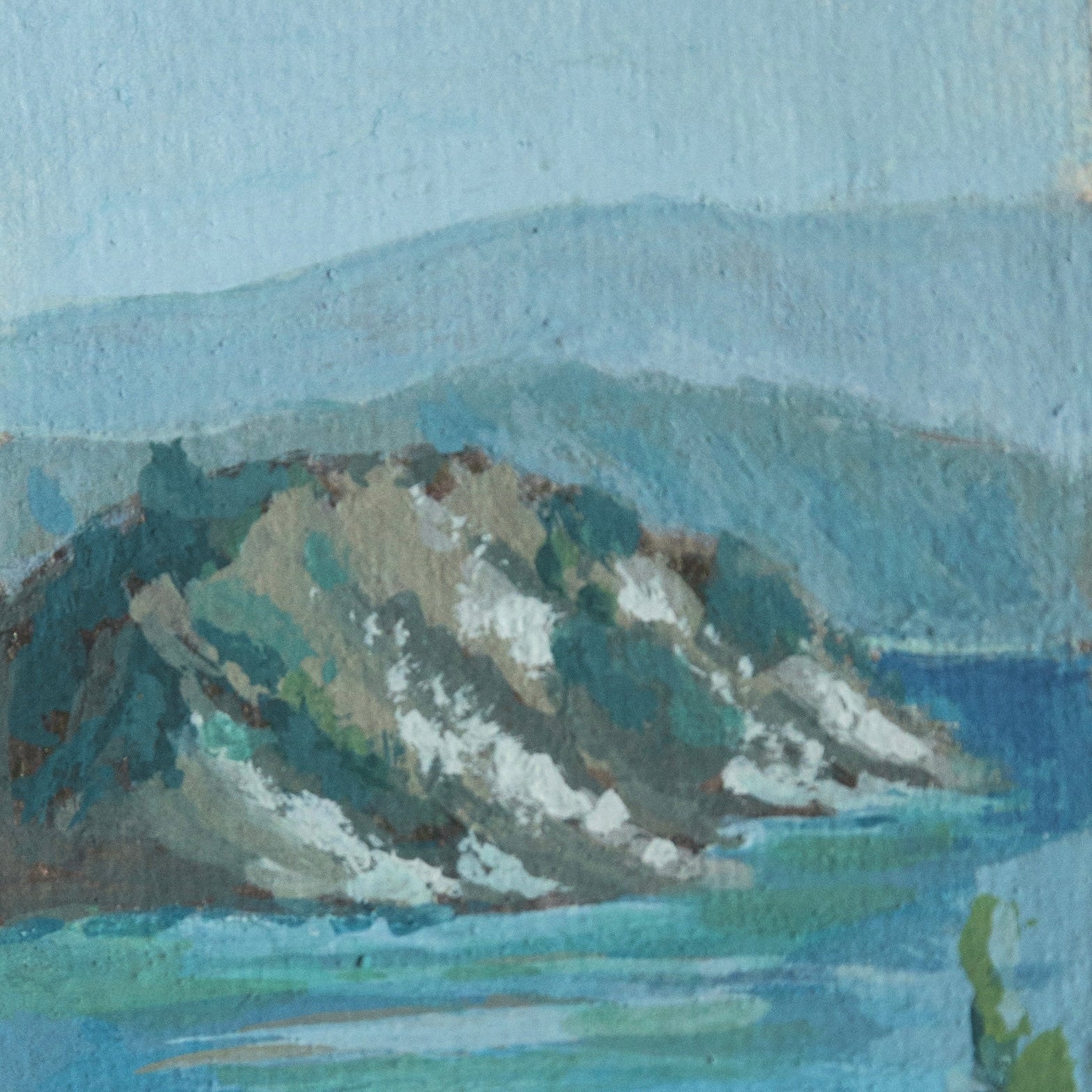 Close-up detail of plein air brushstrokes and jagged rocks of Wizard Island textures in Crater Lake National Park art