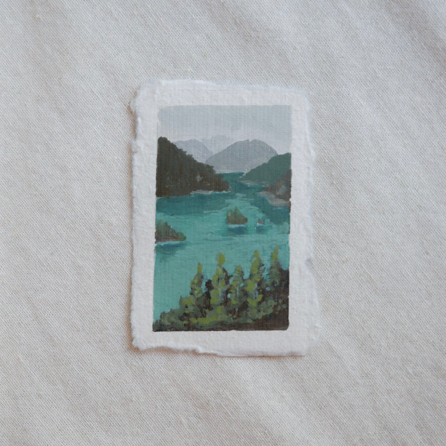 diablo lake miniature gouache painting from North Cascades National Park by Laura Van Moorleghem
