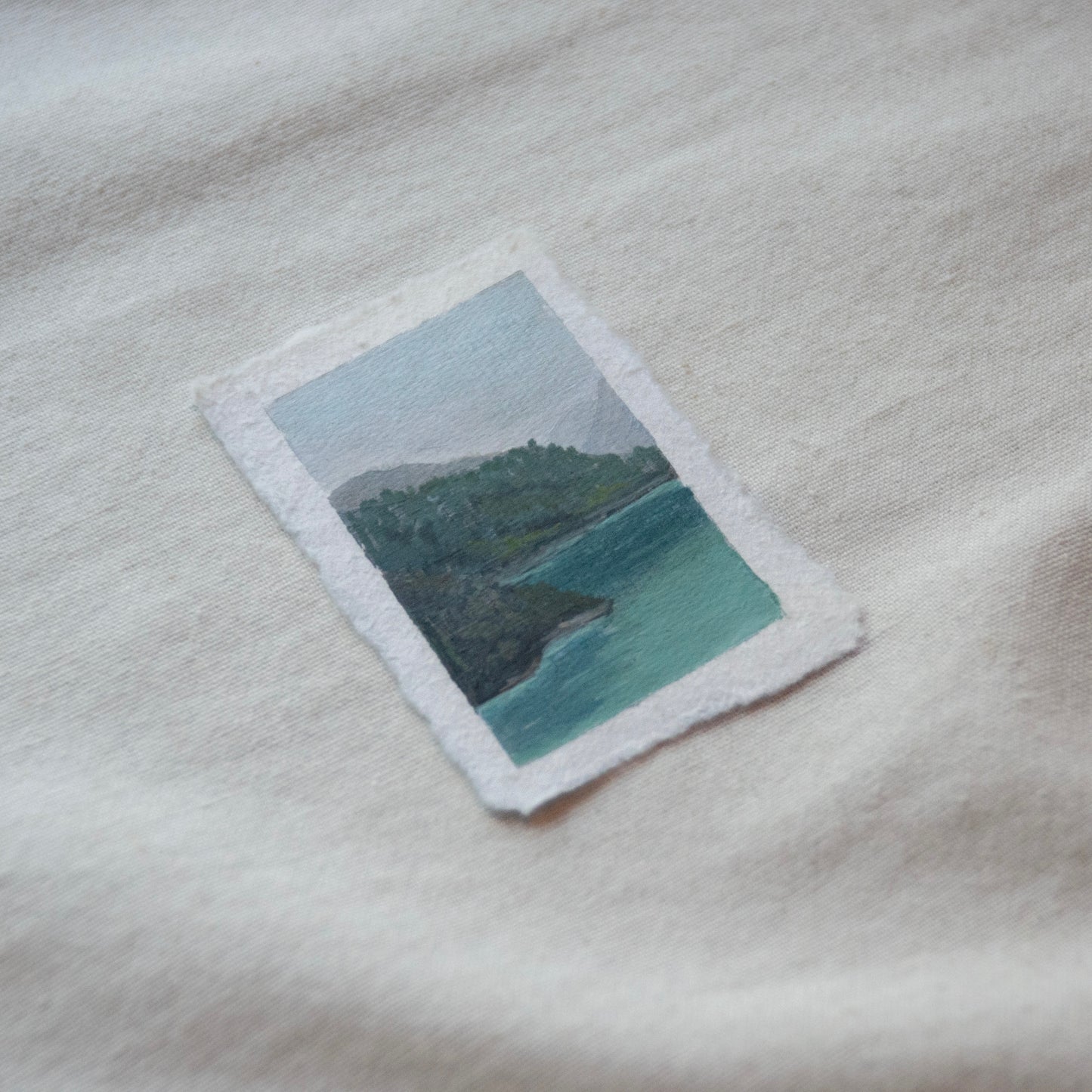 Side profile of diablo lake overlook at North Cascades National Park painting on deckled edge 100% cotton rag paper