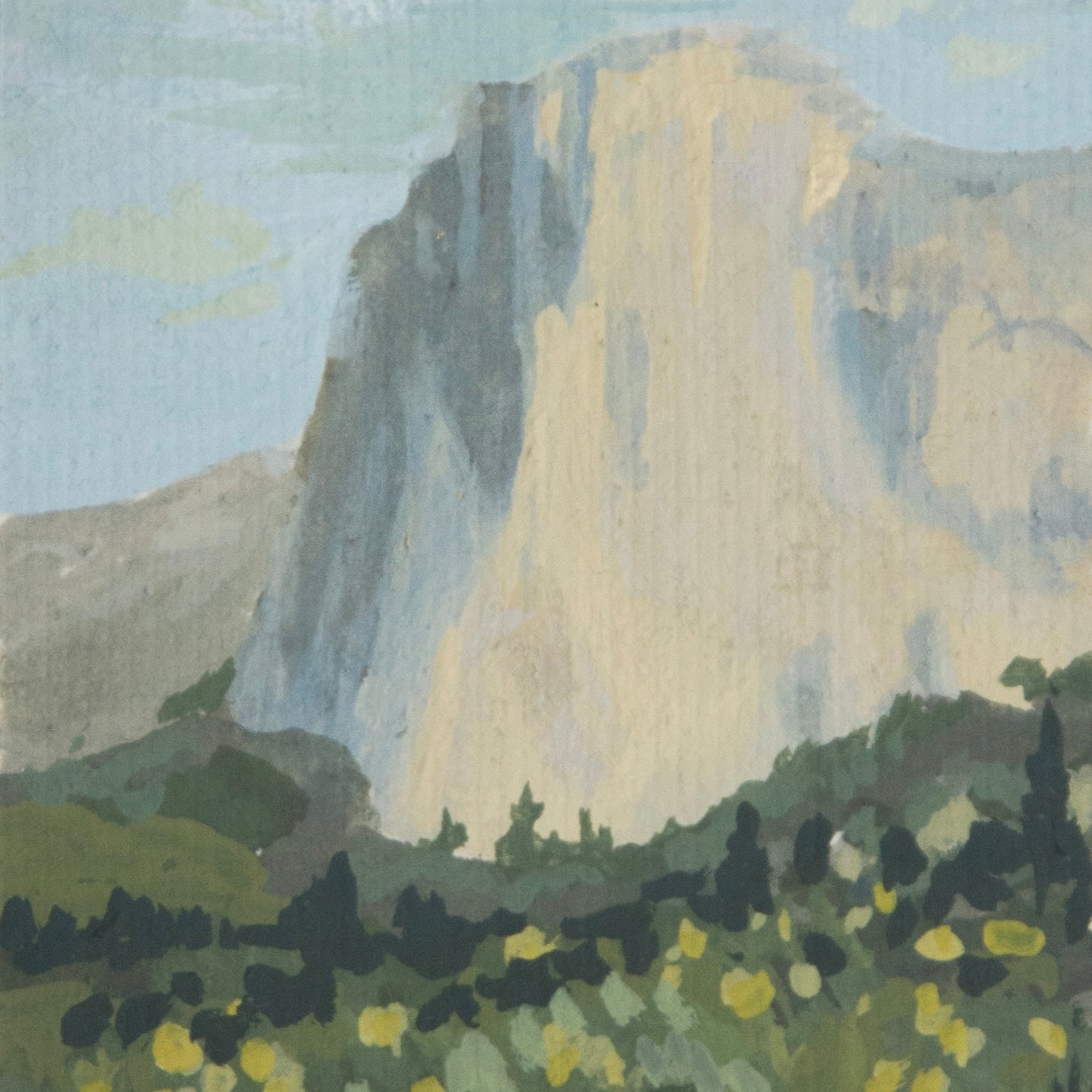 Close-up detail of plein air brushstrokes and floral and rocky textures in El Capitan Yosemite art