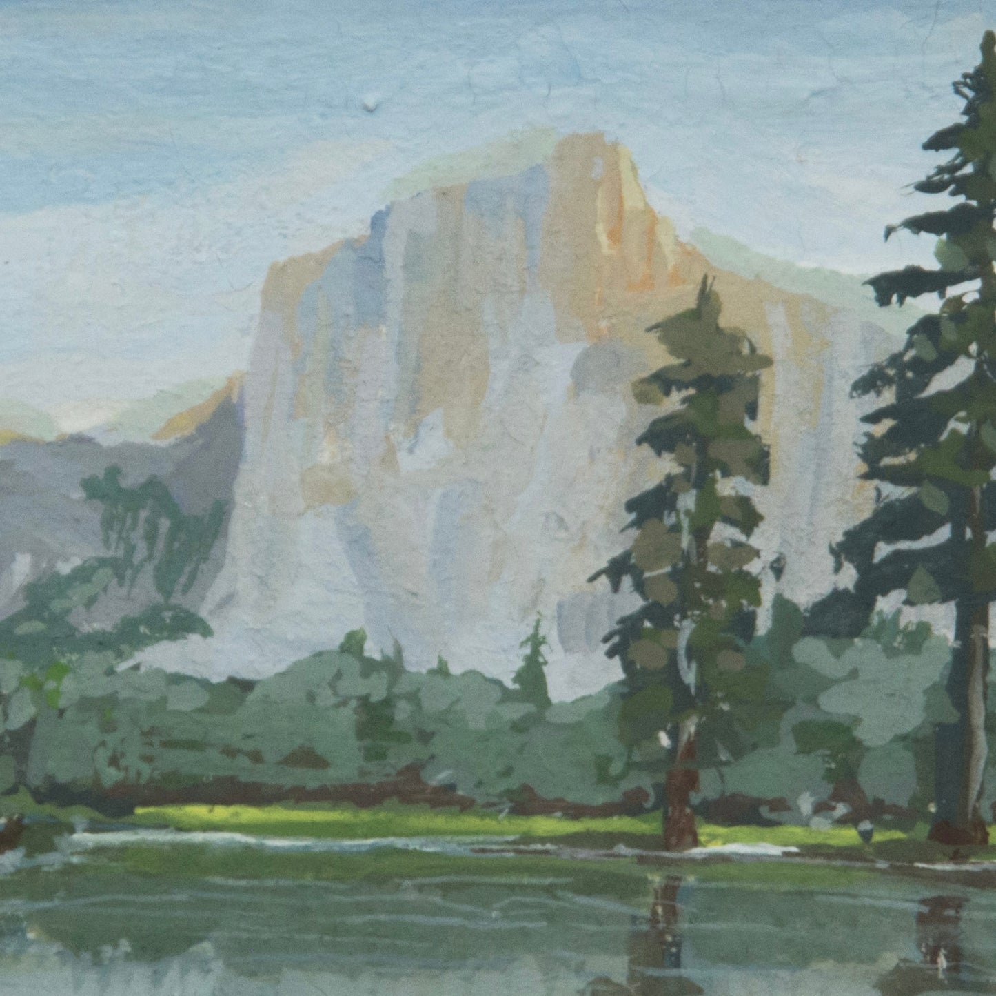 Close-up detail of plein air brushstrokes and lake and pine tree textures in El Capitan Yosemite  art
