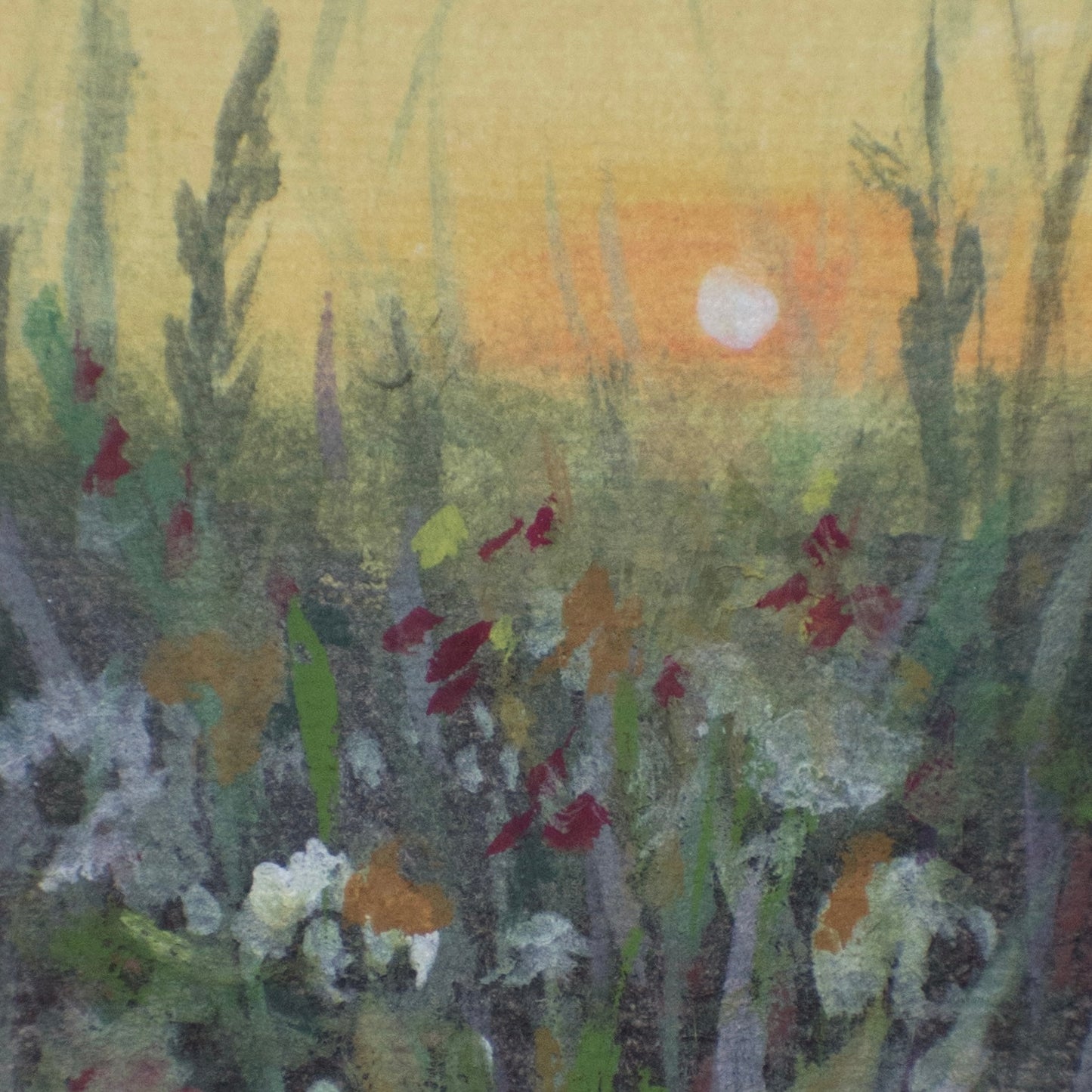 acrylic and gouache art detail of flowers in a floral meadow at sunset
