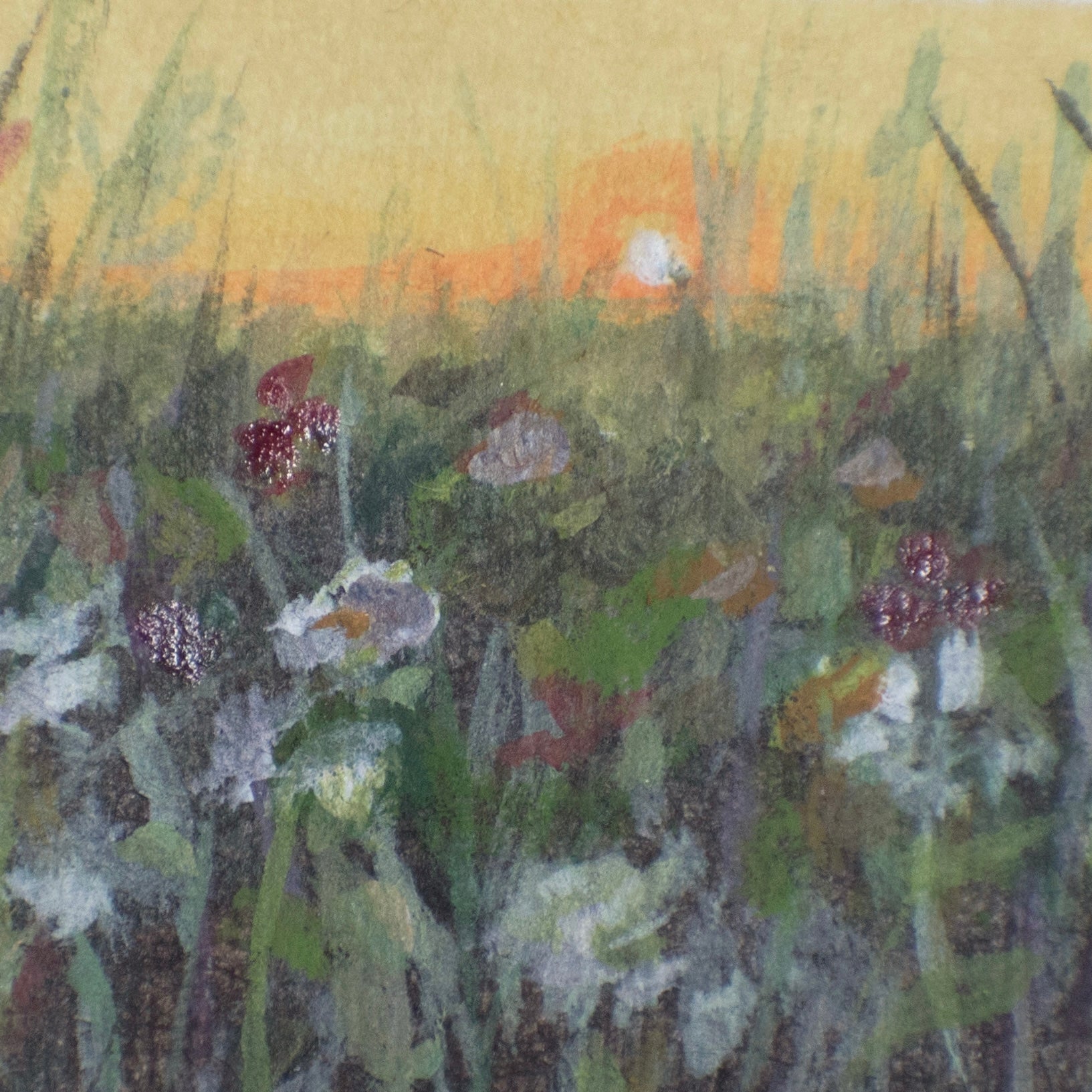 close up detail of flower brushstrokes and sunset in flower field mini painting