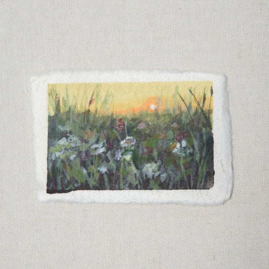 A small painting depicting a floral field with a deckled edge on the paper, primarily using gouache and acrylic techniques by artist Laura Van Moorleghem