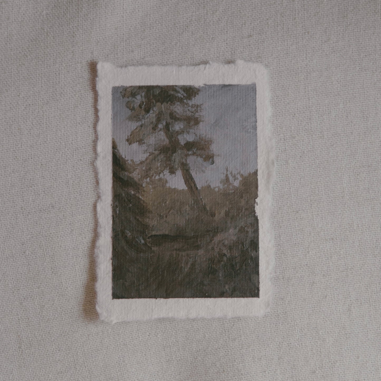 miniature acrylic painting of a tilting sequoia tree in a grove from Sequoia National Park by Laura Van Moorleghem