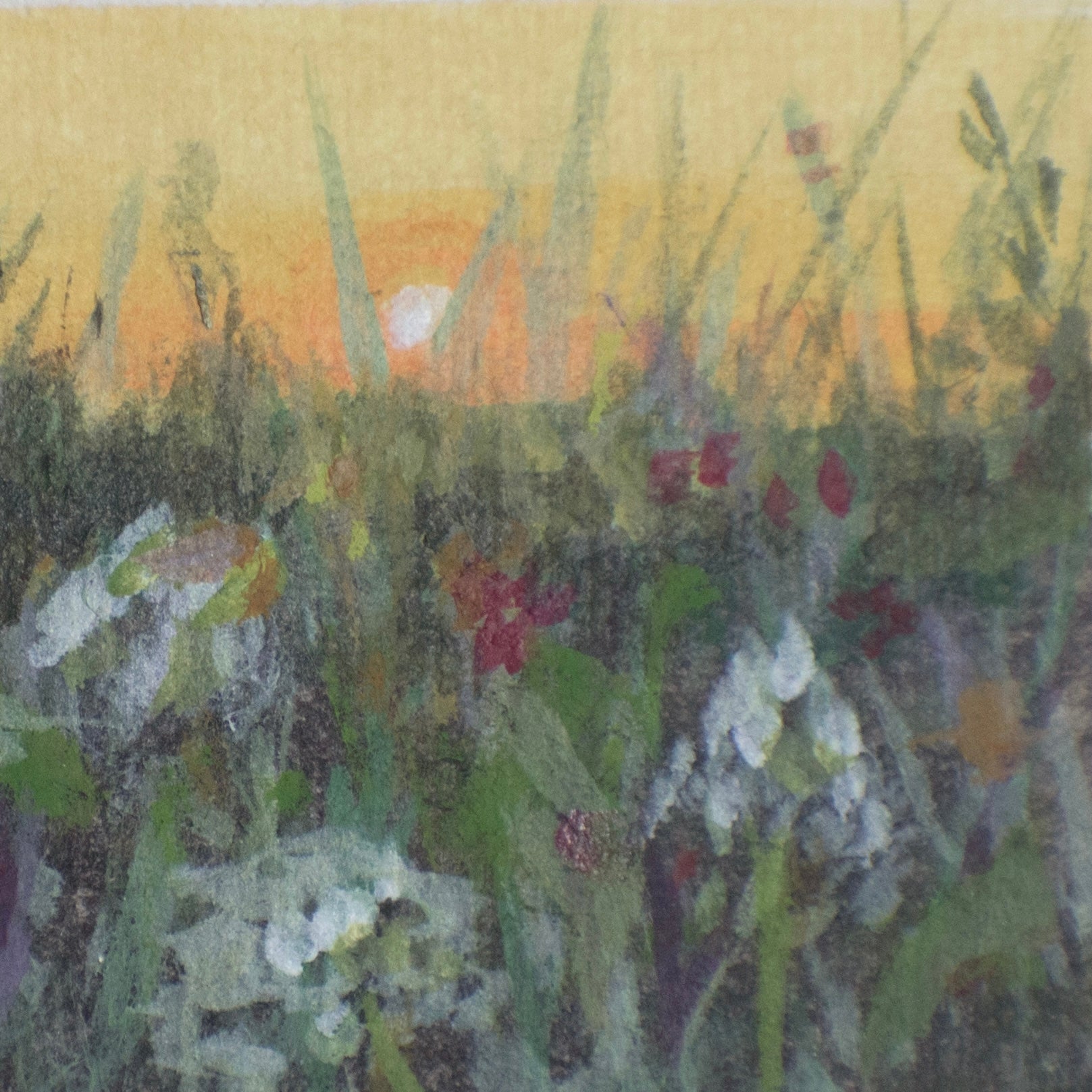 art detail of acrylic and gouache miniature painting of golden hour in a floral meadow