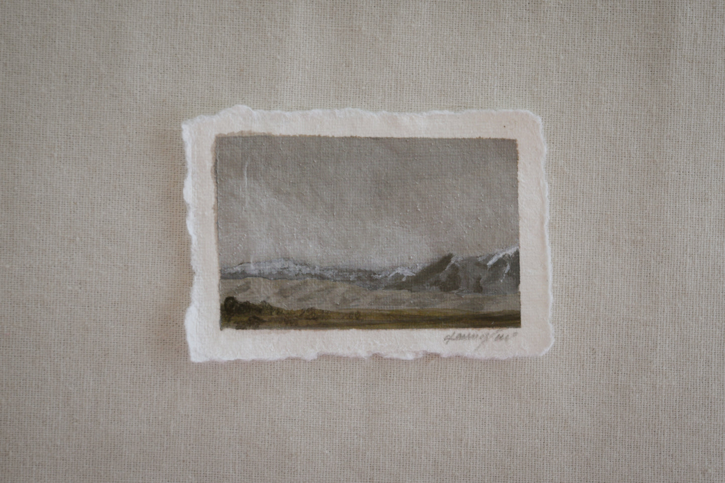 Great Sand Dunes, Sangre de Cristo Mountains, and grassland miniature gouache painting from Great Sand Dunes National Park with embedded sand by Laura Van Moorleghem