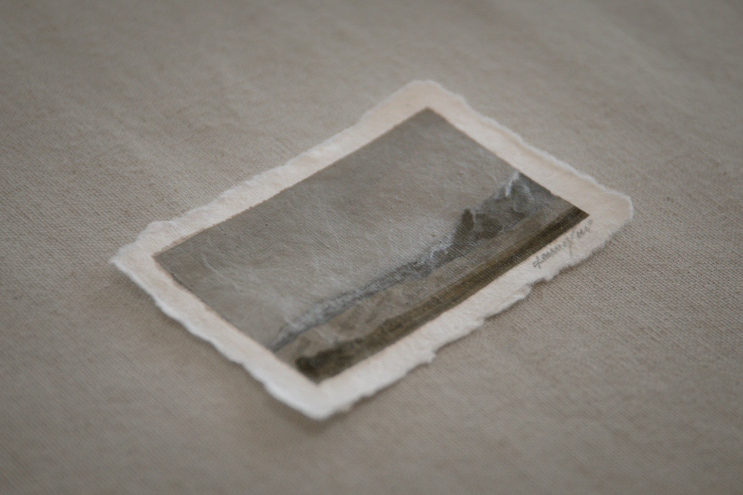 Side profile of Great Sand Dunes, grass, Sangre de Cristo mountains painting on deckled edge 100% cotton rag paper