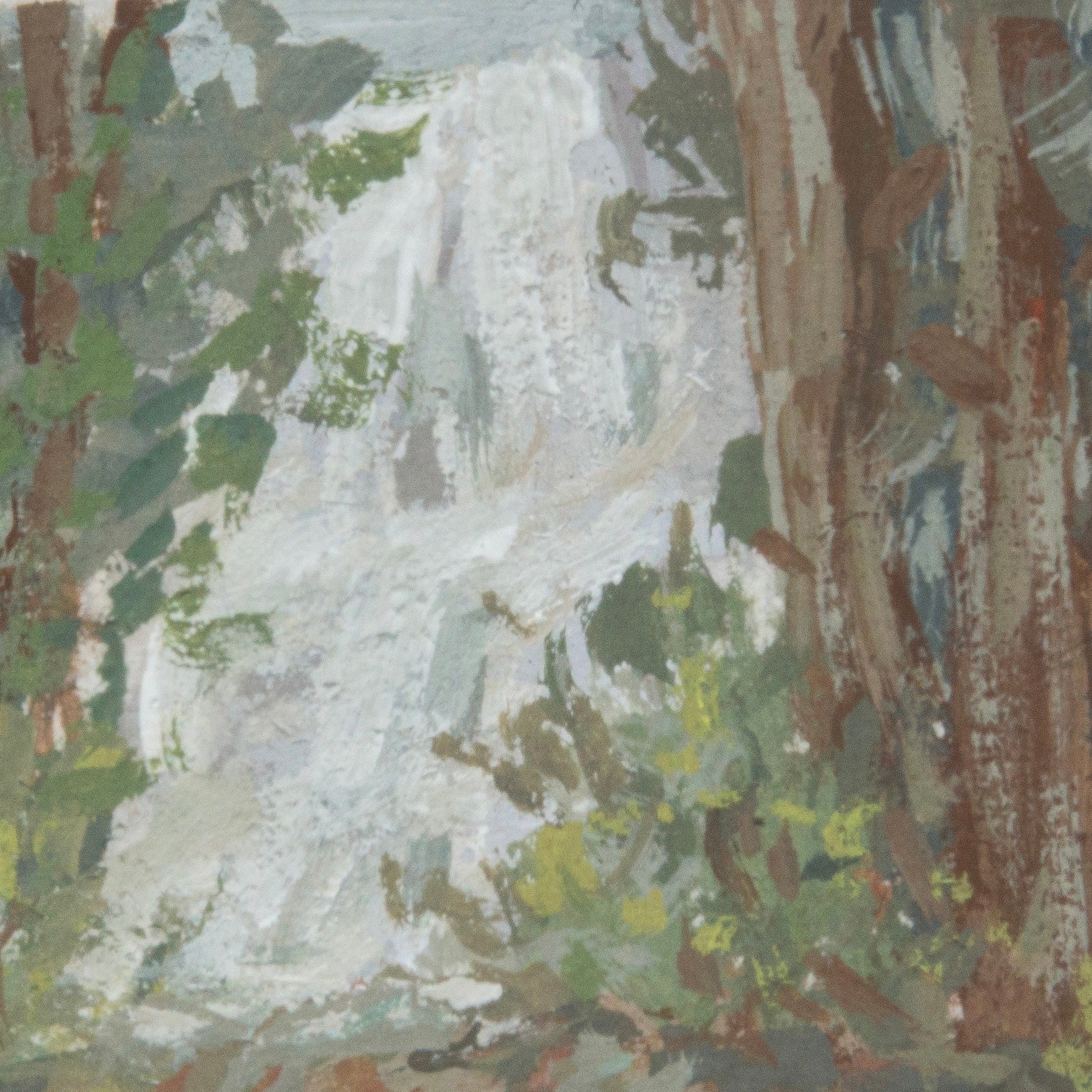 Close-up detail of plein air brushstrokes and impressionistic strokes and textures of waterfall and green foliage in Grizzly Falls at Kings Canyon National Park art