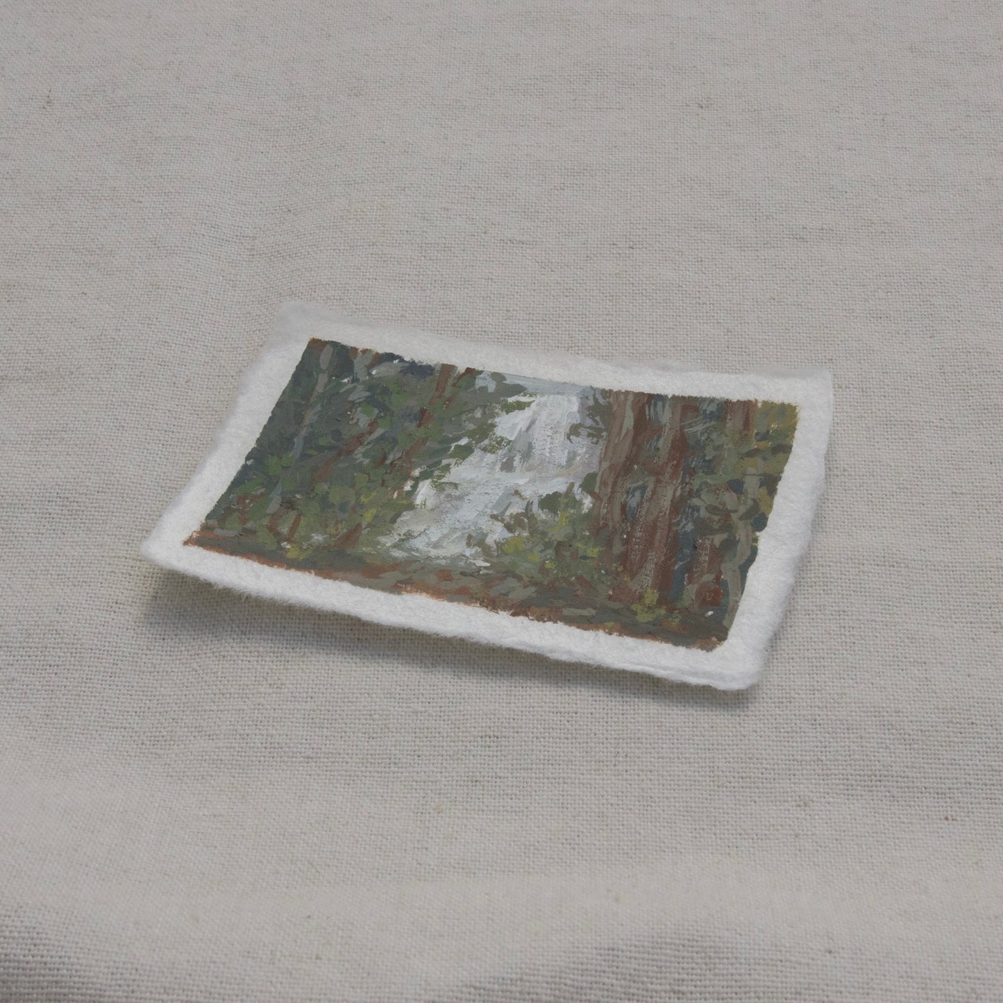 Side profile of Grizzly Falls painting on deckled edge 100% cotton rag paper from Kings Canyon National Park