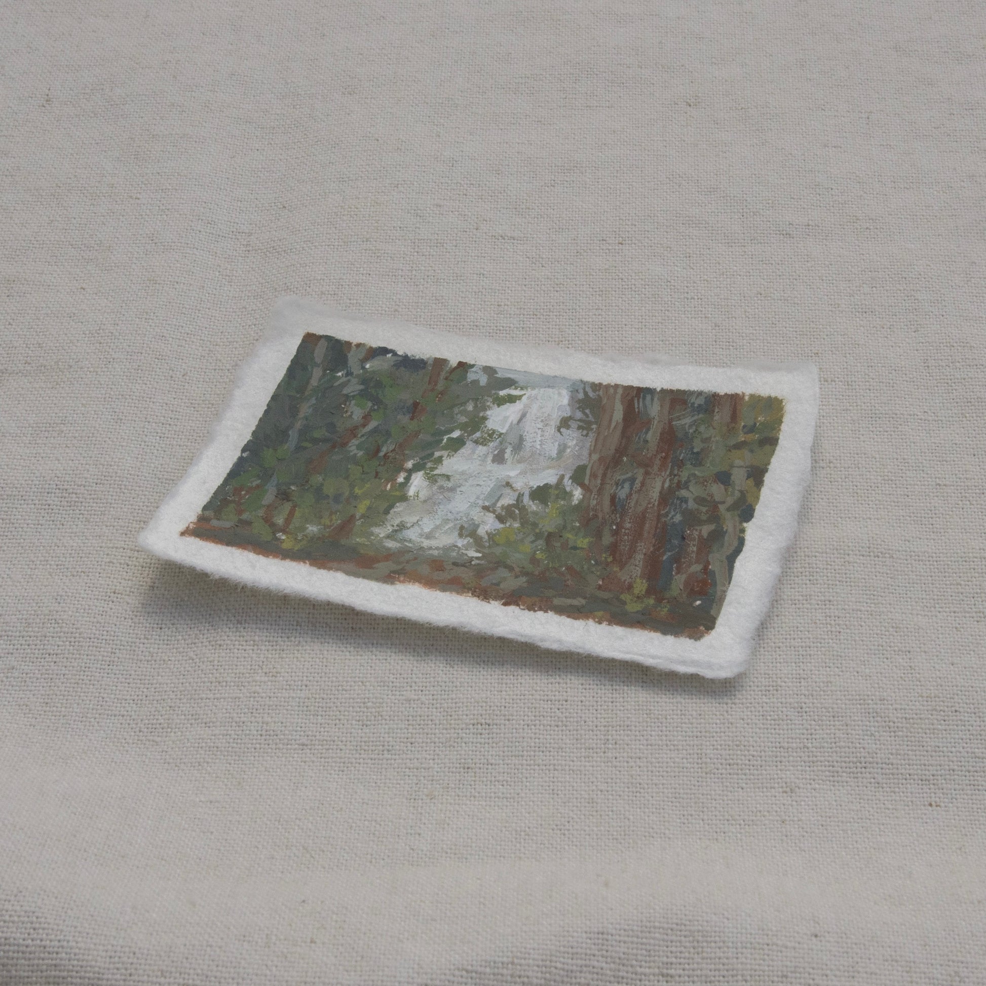 Side profile of Grizzly Falls painting on deckled edge 100% cotton rag paper from Kings Canyon National Park