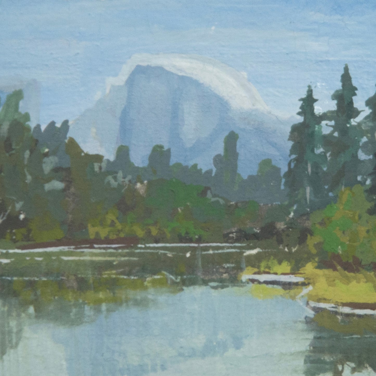 Close-up detail of plein air brushstrokes and water and tree textures  in Half Dome Yosemite art