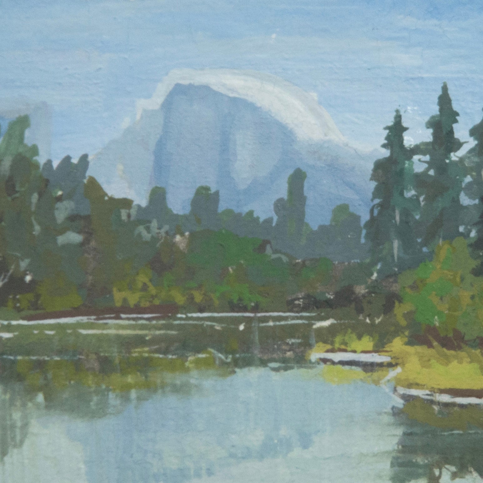 Close-up detail of plein air brushstrokes and water and tree textures  in Half Dome Yosemite art