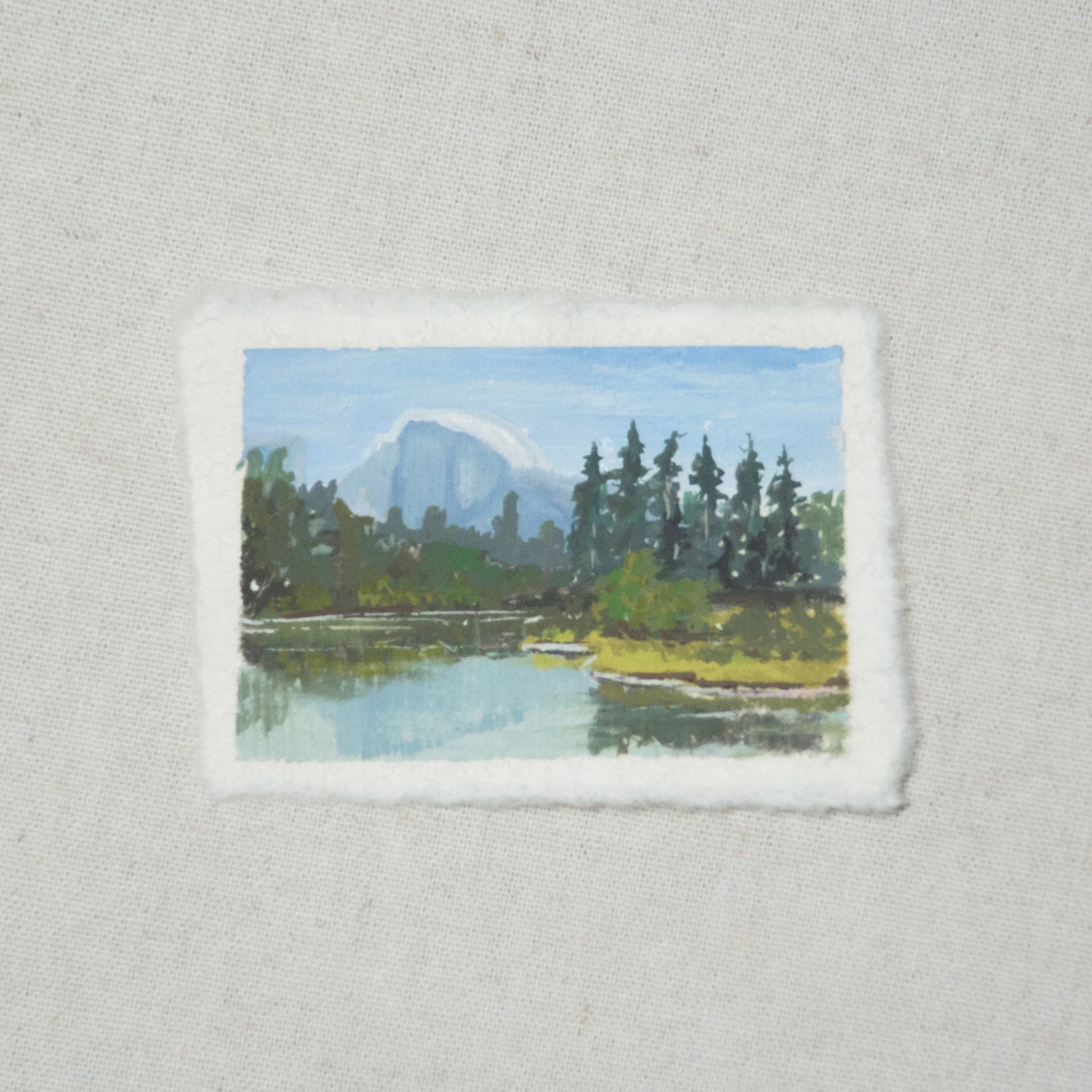 Half dome miniature landscape painting rendered in gouache painting from Yosemite National Park by Laura Van Moorleghem