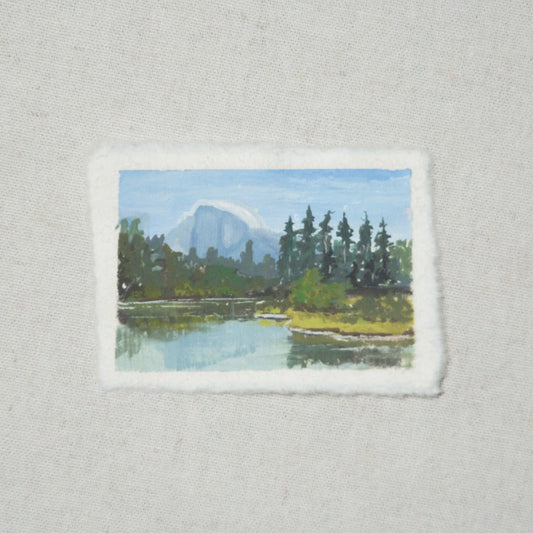 Half dome miniature landscape painting rendered in gouache painting from Yosemite National Park by Laura Van Moorleghem