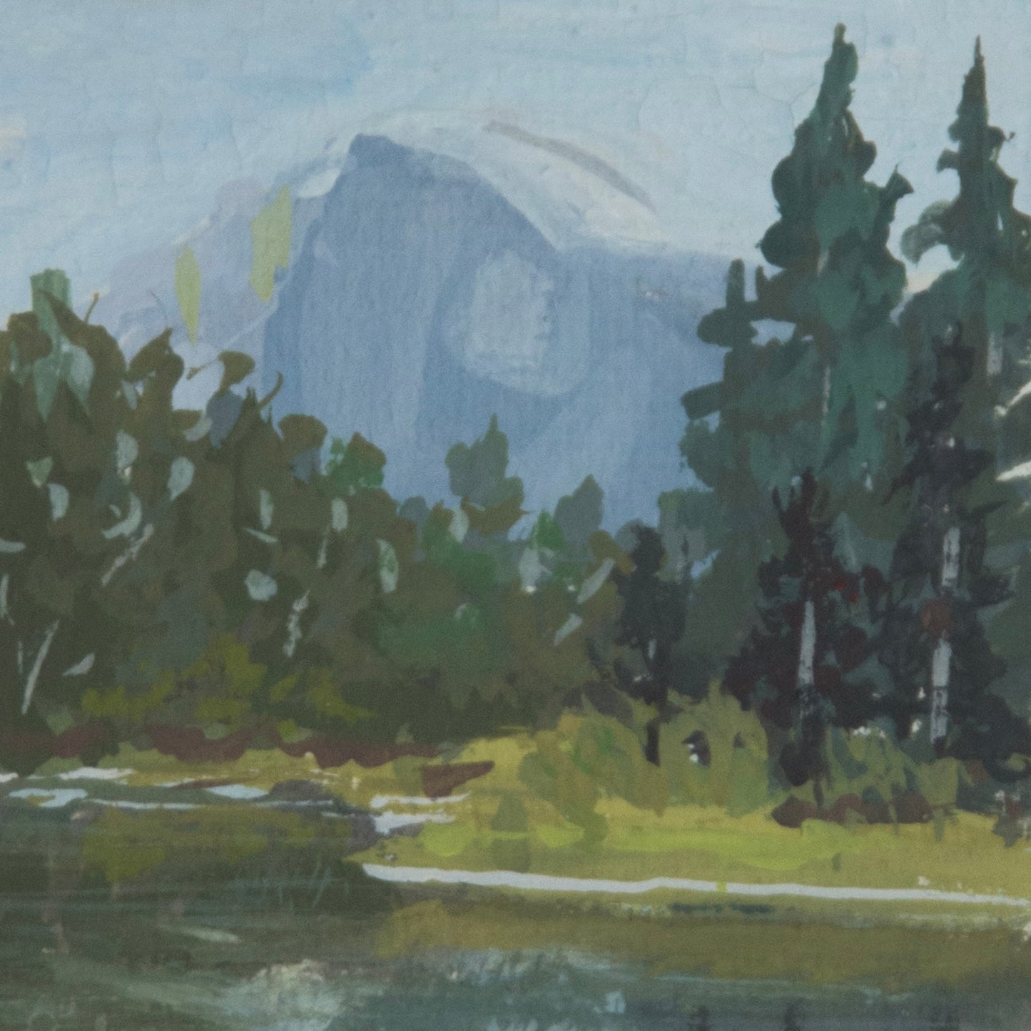Close-up detail of plein air brushstrokes and pine tree textures in Half Dome Yosemite art