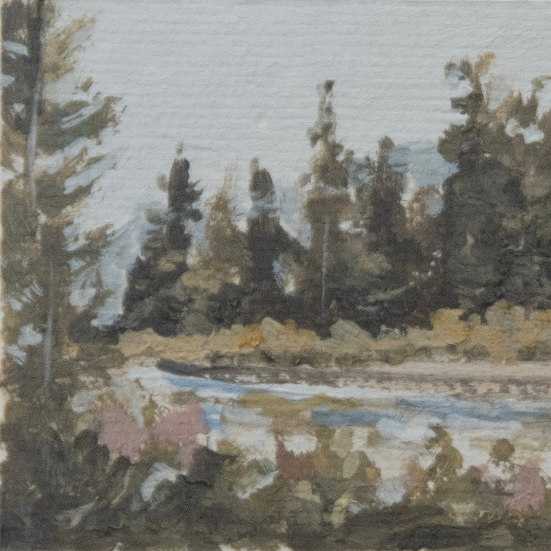 Close-up detail of plein air brushstrokes and trees and river textures in Hoh River Olympic National Park art