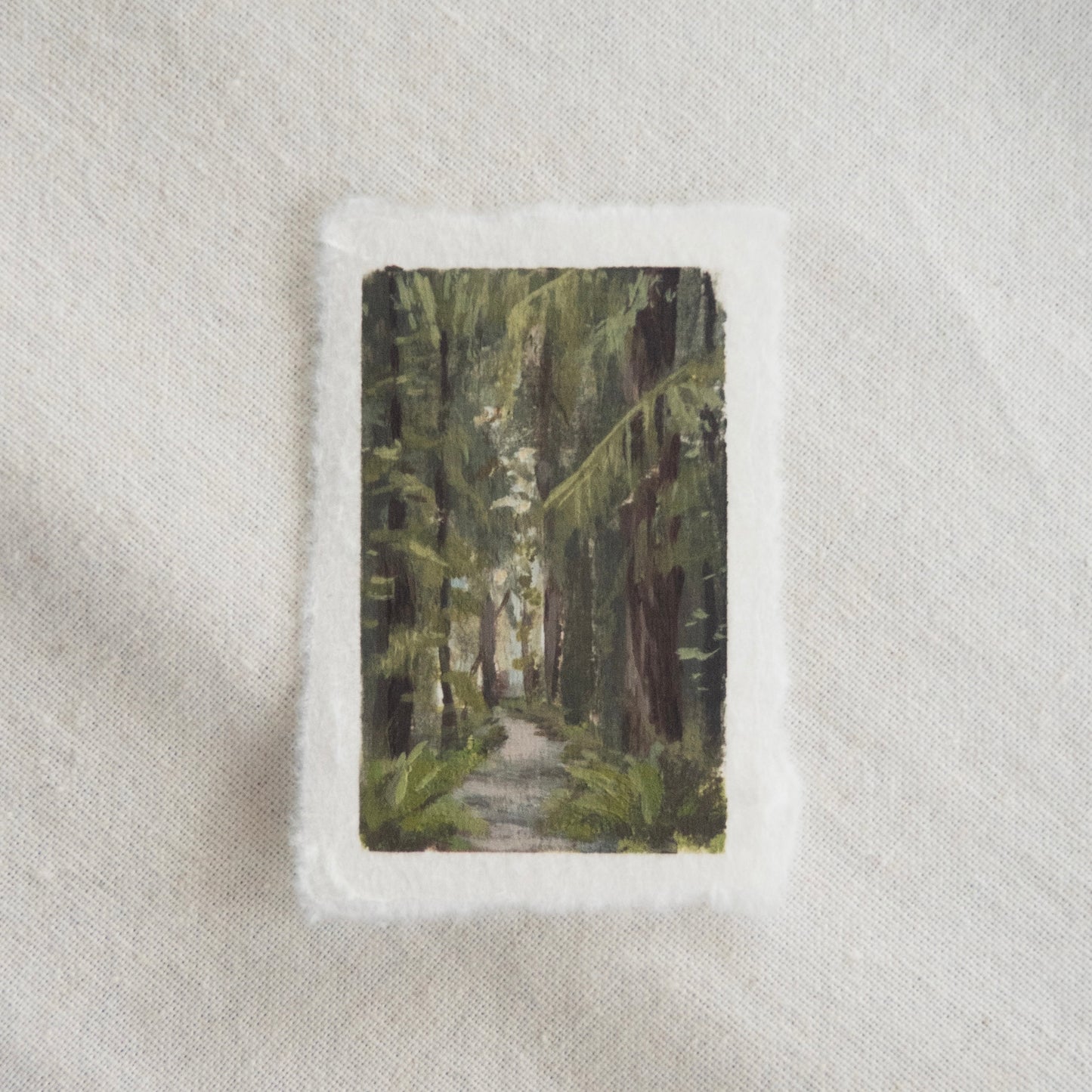 Hoh rainforest trail miniature gouache painting from Olympic National Park by Laura Van Moorleghem