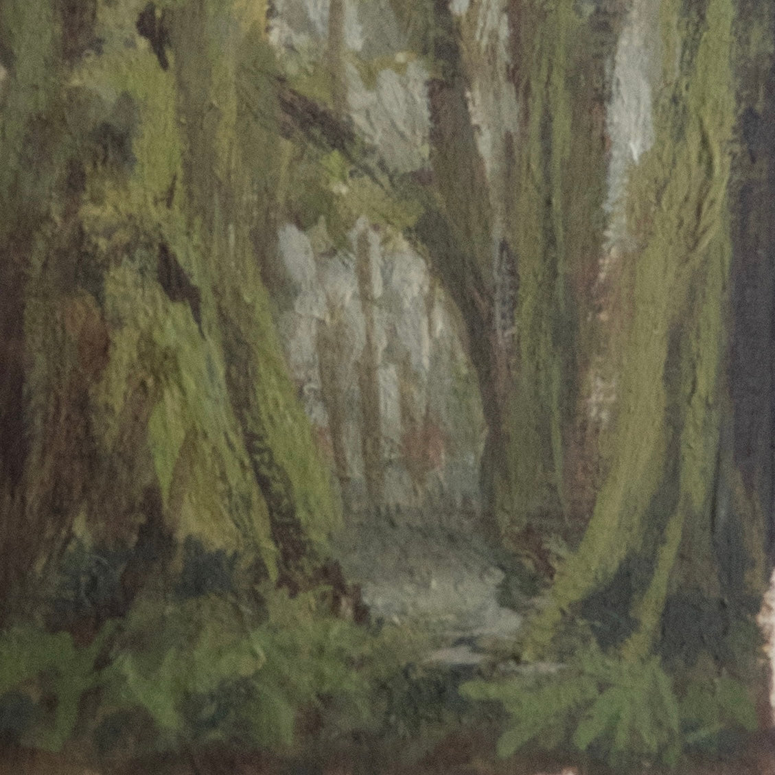 Close-up detail of plein air brushstrokes and mossy tree textures in hoh rainforest in olympic national park art