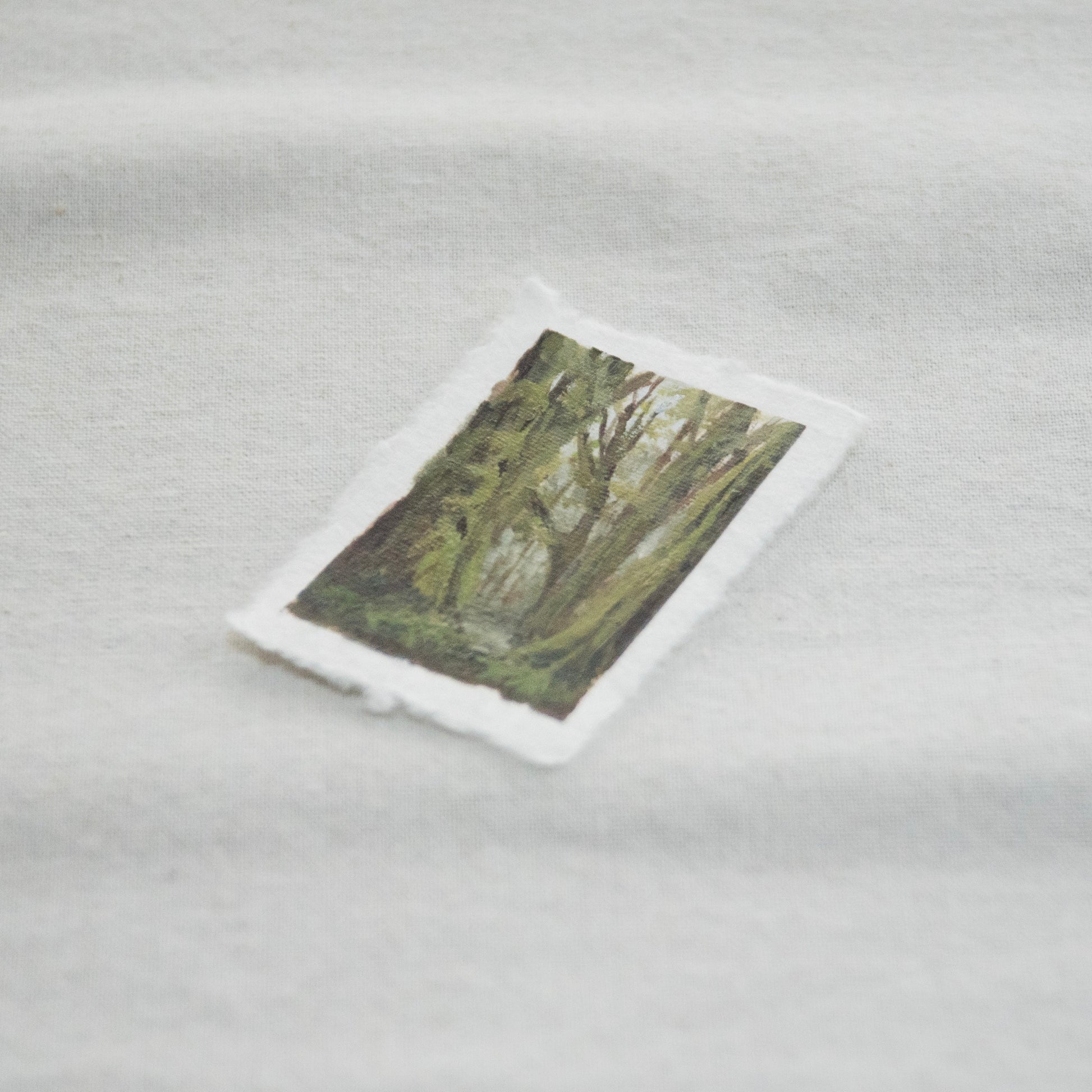 Side profile of hoh rainforest in olympic national park painting on deckled edge 100% cotton rag paper