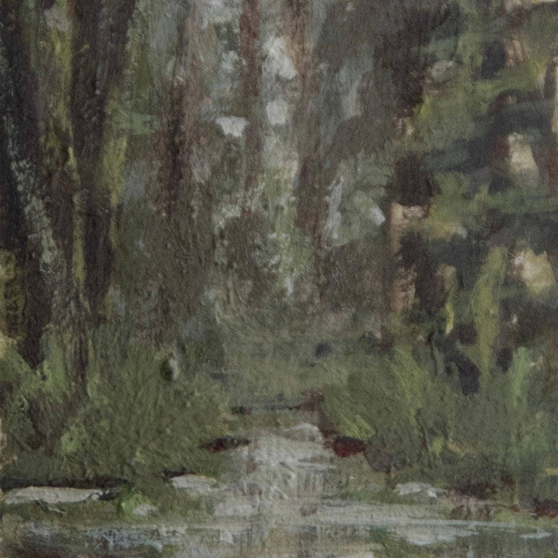 Close-up detail of plein air brushstrokes and hoh rainforest tree and moss textures in Hot rainforest from Olympic national park art