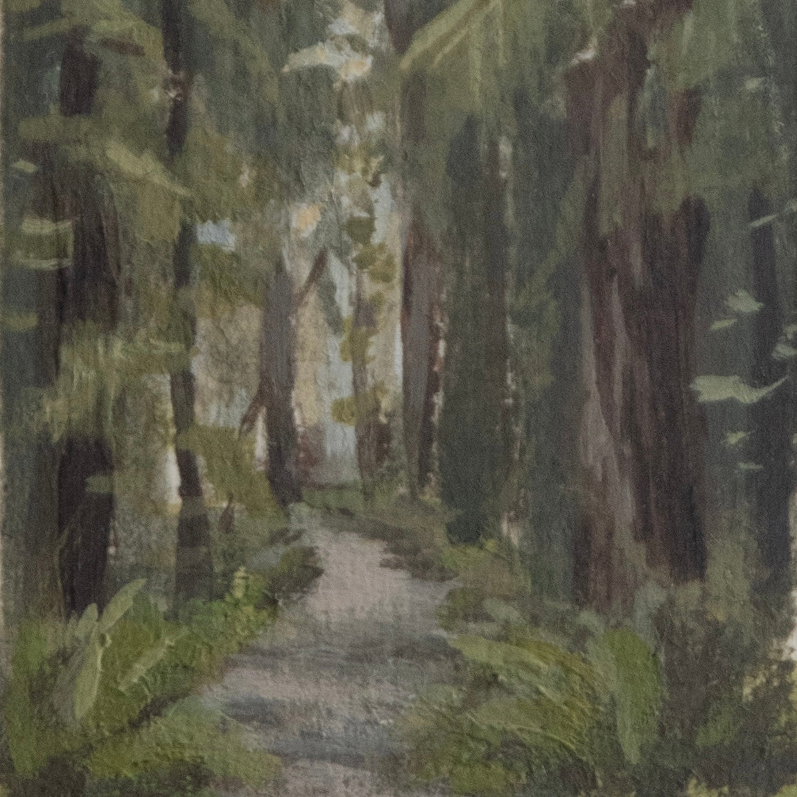 Close-up detail of plein air brushstrokes and hoh rainforest trail and treetextures in hoh rainforest Olympic national park  art