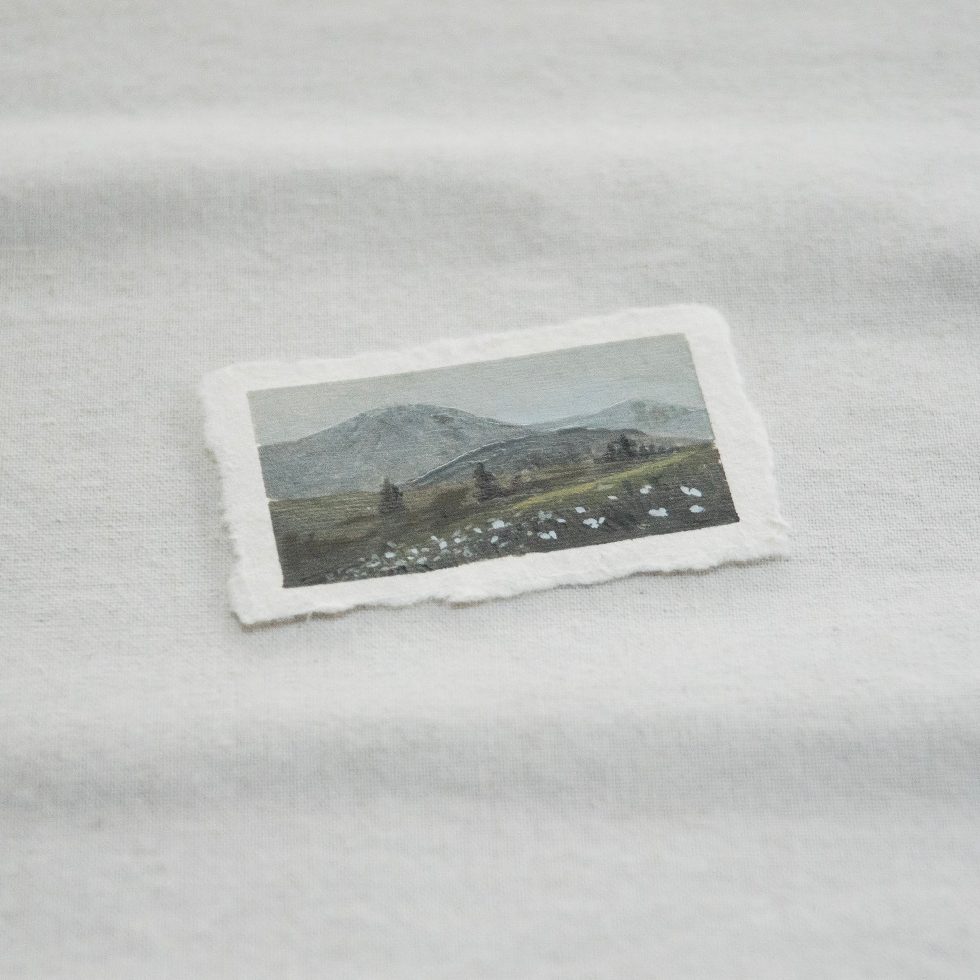 Side profile of hurricane ridge mini gouache painting in Olympic National Park painting on deckled edge 100% cotton rag paper