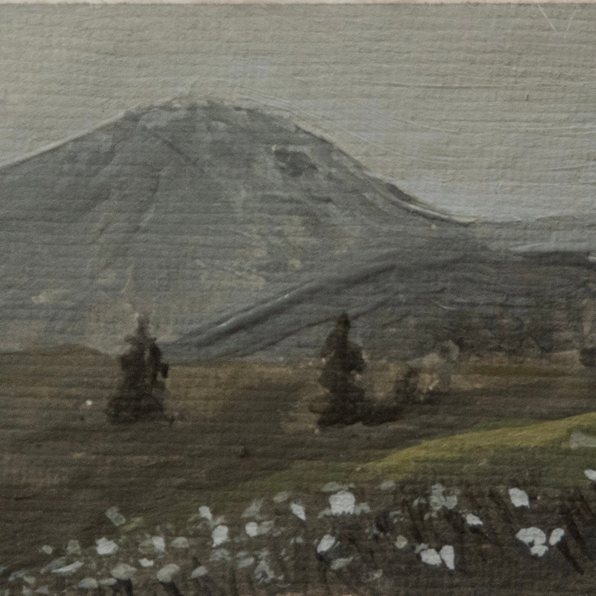 Close-up detail of plein air brushstrokes and blue mountains and white wildflowers textures in hurricane ridge in Olympic National Park art