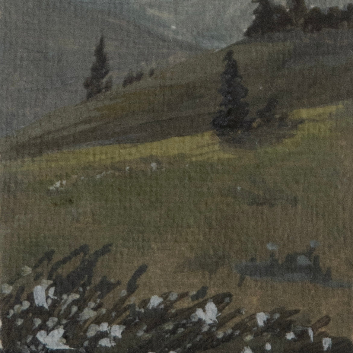 Close-up detail of plein air brushstrokes and grass, flowers, and tree textures in Hurricane ridge at Olympic National Park art