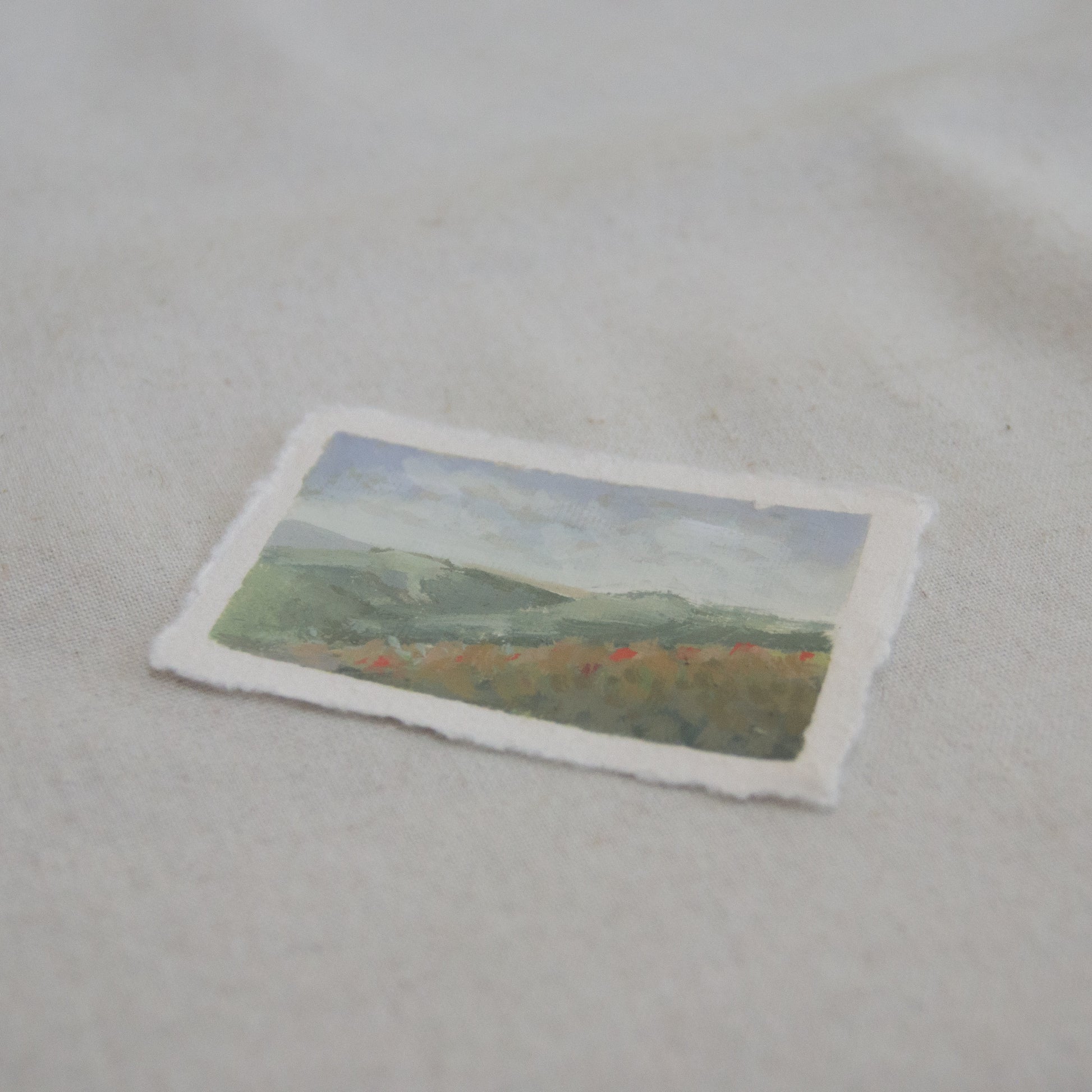 Side profile of a hillside at Santa Cruz Island  in Channel Islands National Park  mini painting on deckled edge 100% cotton rag paper