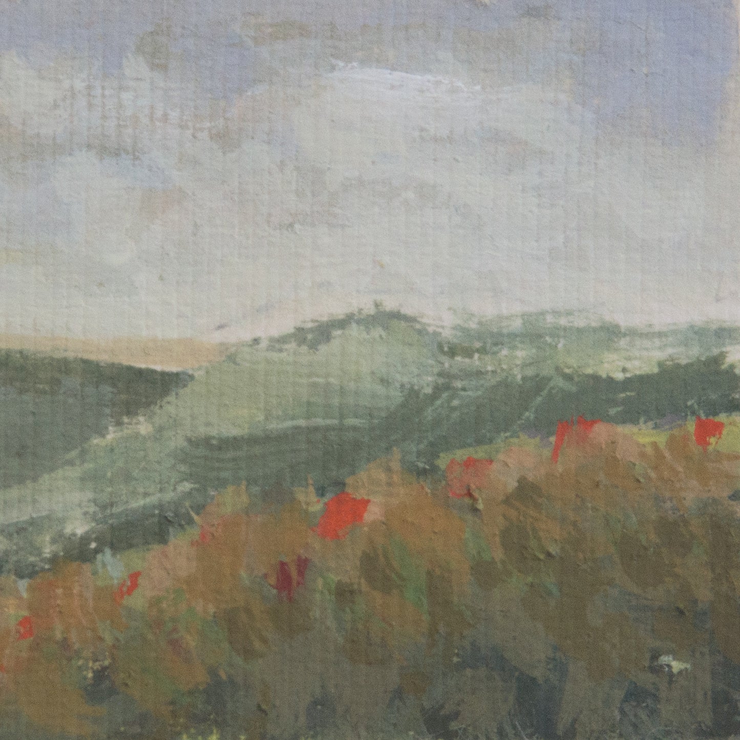 Close-up detail of plein air brushstrokes and red wildflower and lush green textures in Pelican Bay trail Channel Islands National Park art