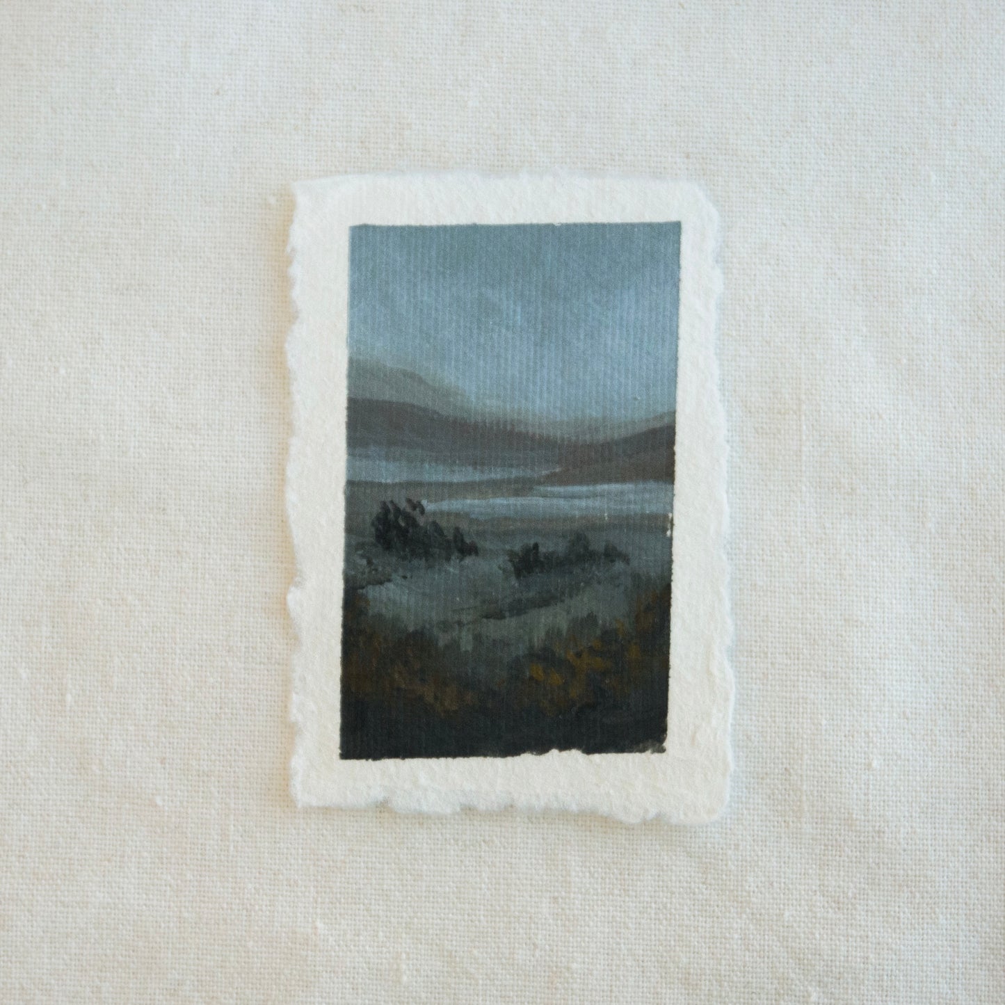 Point reyes mountainscape with lakes in moody moonlight miniature acrylic painting from Point Reyes National Seashore by Laura Van Moorleghem