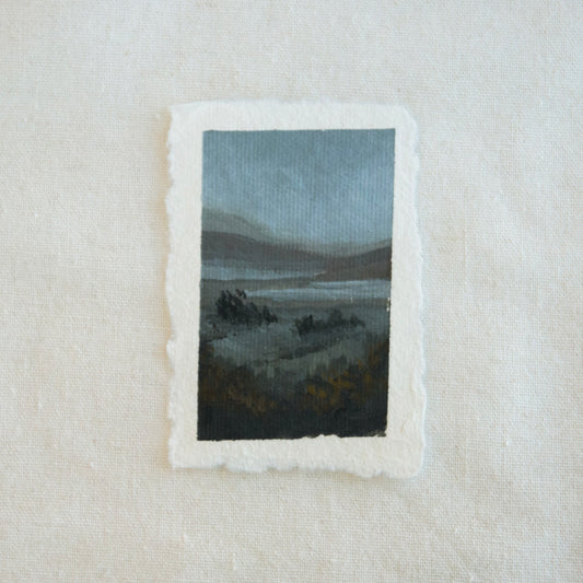 Point reyes mountainscape with lakes in moody moonlight miniature acrylic painting from Point Reyes National Seashore by Laura Van Moorleghem