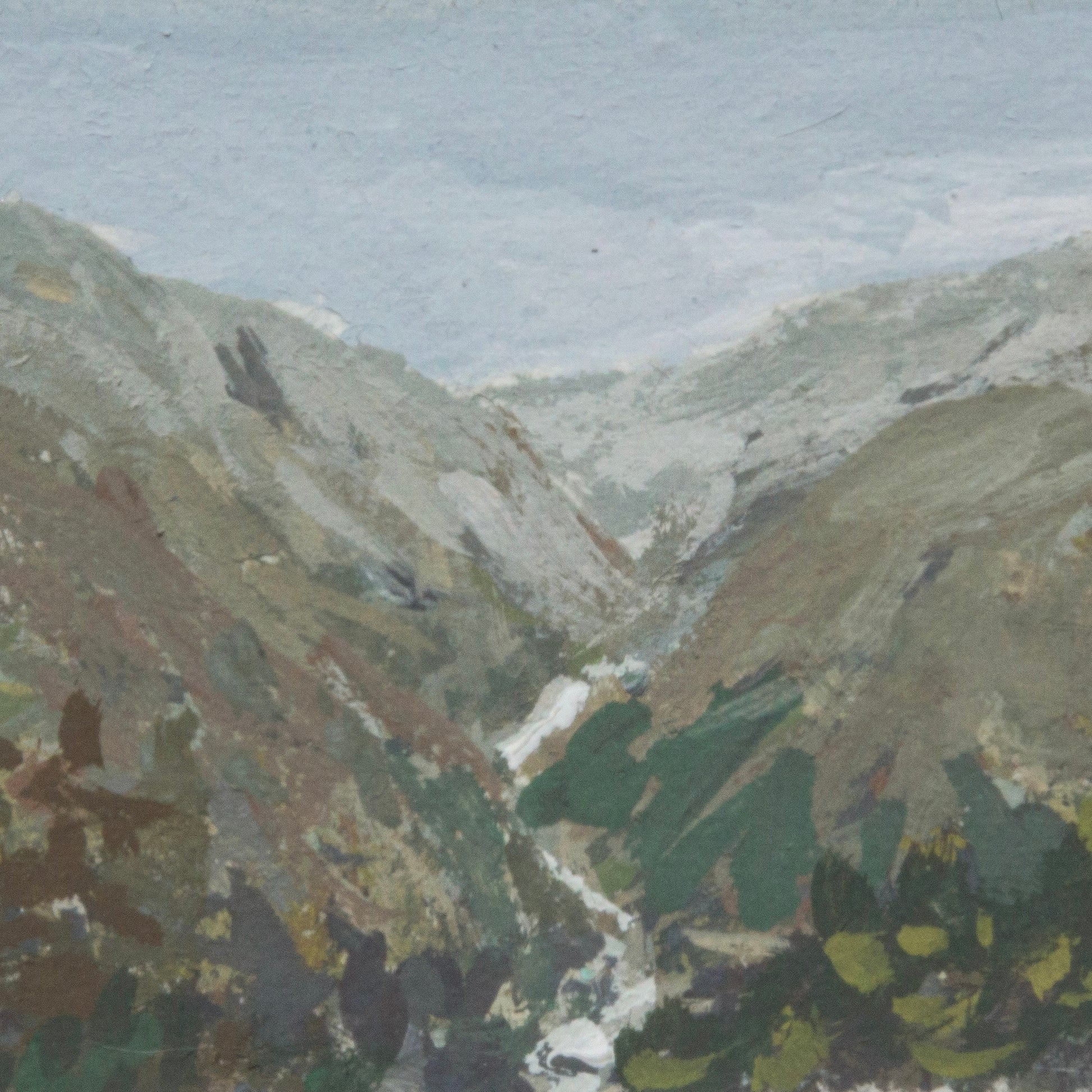 Close-up detail of plein air impressionistic brushstrokes and waterfall and jagged mountain textures in Junction View overlook in Kings Canyon National Park art