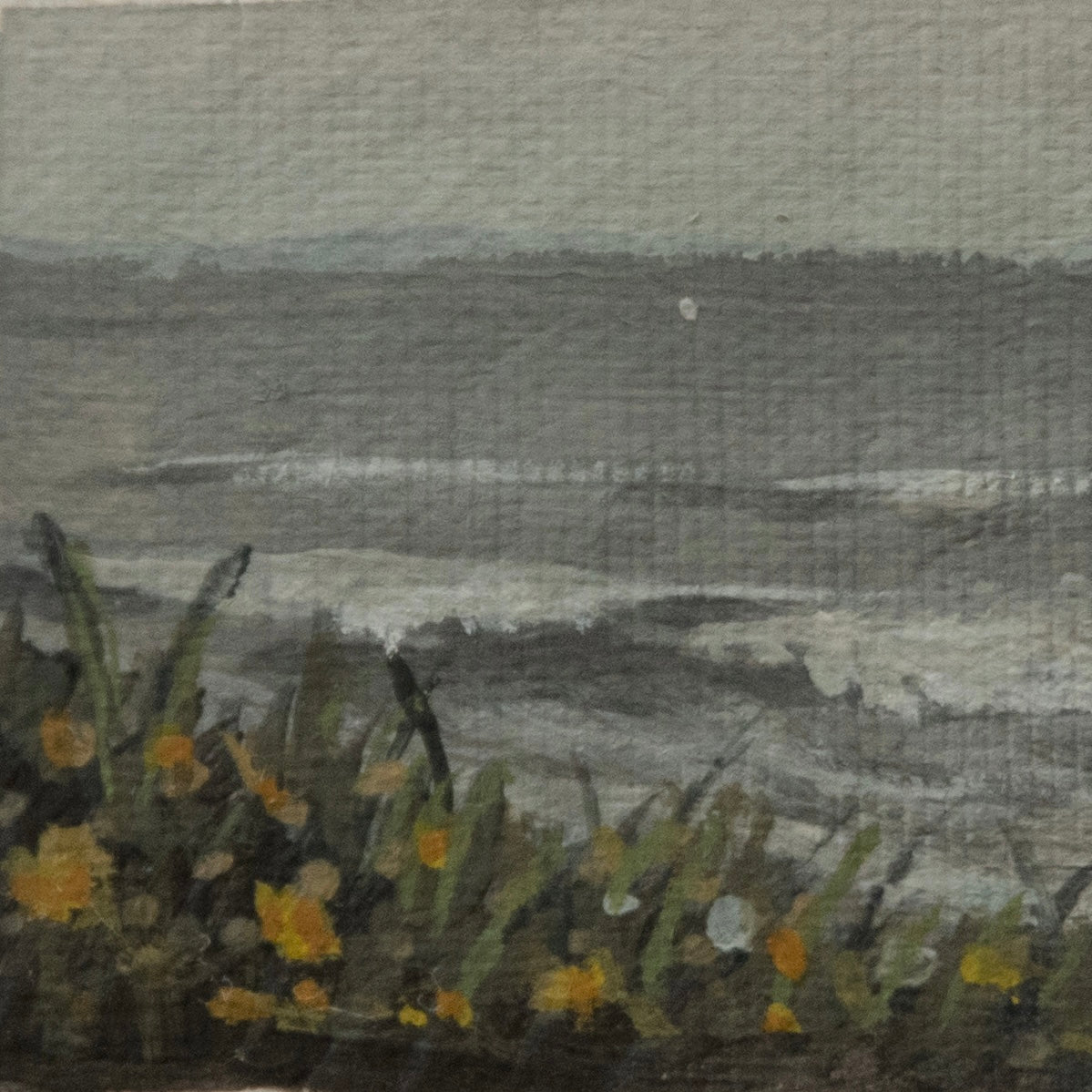 Close-up detail of plein air brushstrokes and ocean and wildflower textures in Kalaloch beach and Olympic national park art