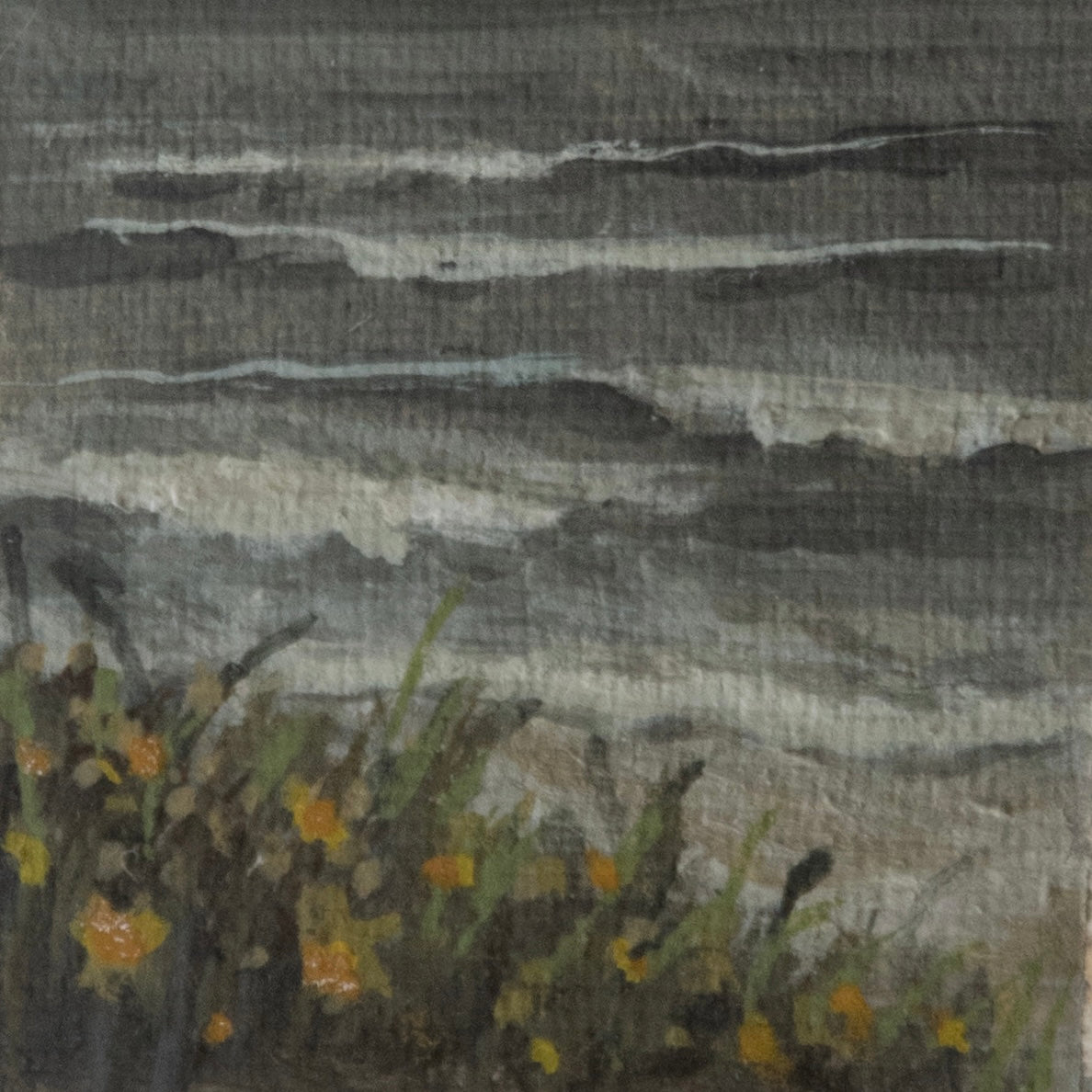 Close-up detail of plein air brushstrokes and flowers, grass, and ocean textures in Kalaloch beach olympic national park art