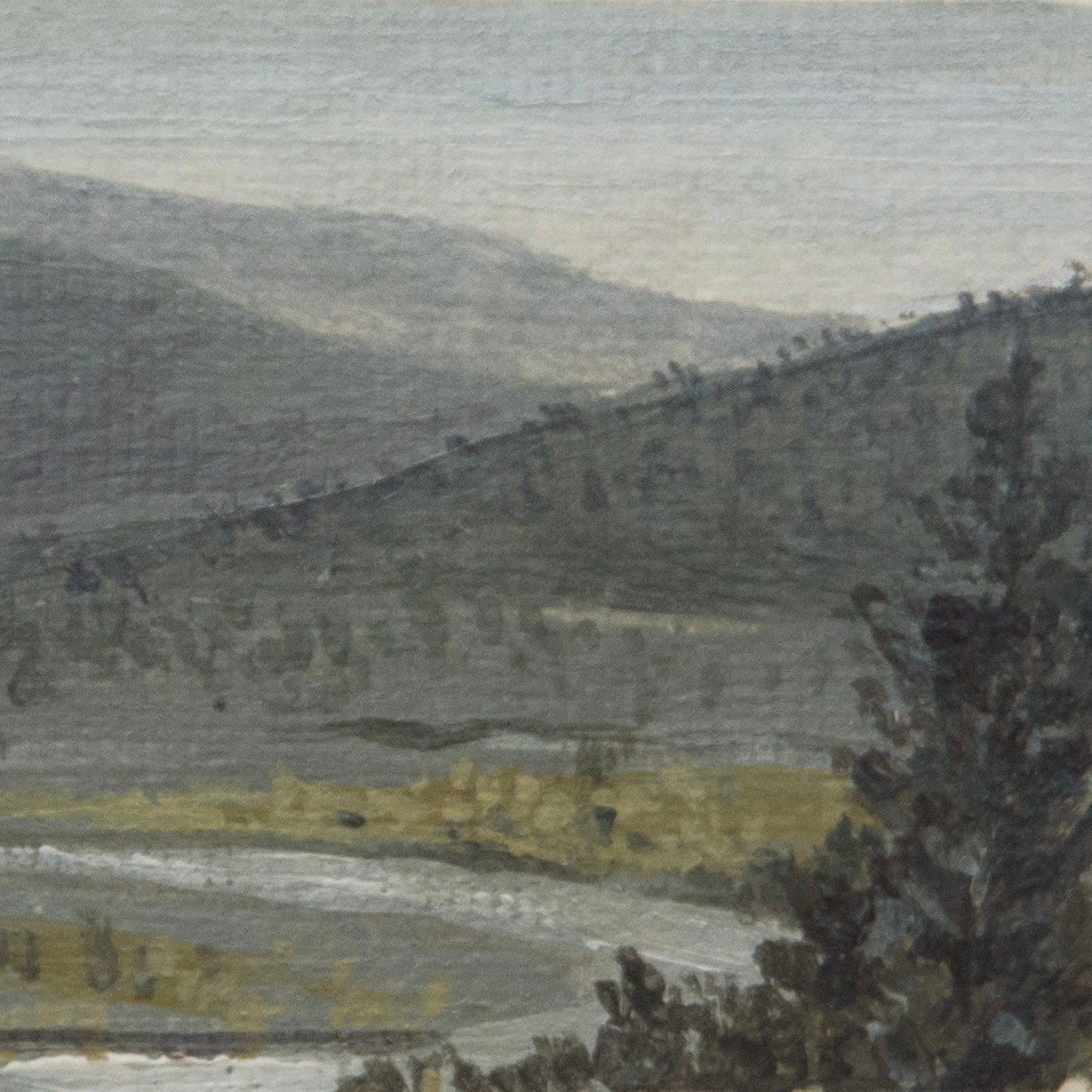 Close-up detail of plein air mountains cape brushstrokes and river and pine tree at kings creek falls textures at an overlook in Lassen Volcanic National Park art